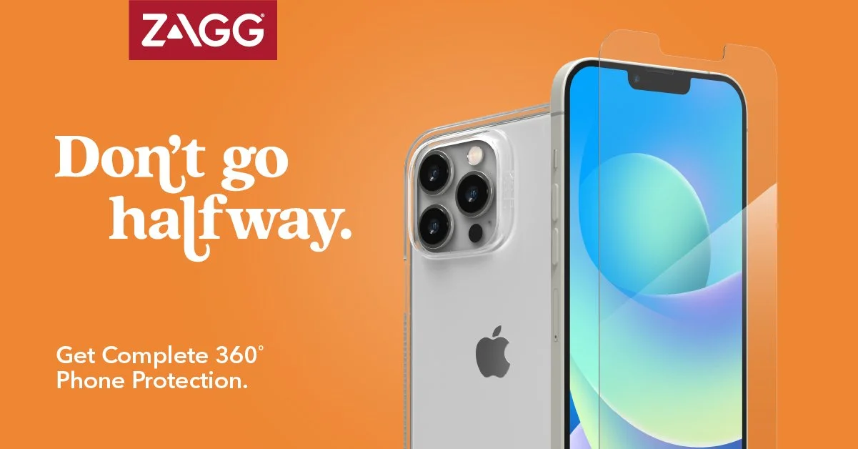 Advertisement image for ZAGG phone protection. It shows an iPhone with a screen protector and a case, set against an orange background. The text reads, "Don't go halfway. Get Complete 360° Phone Protection."