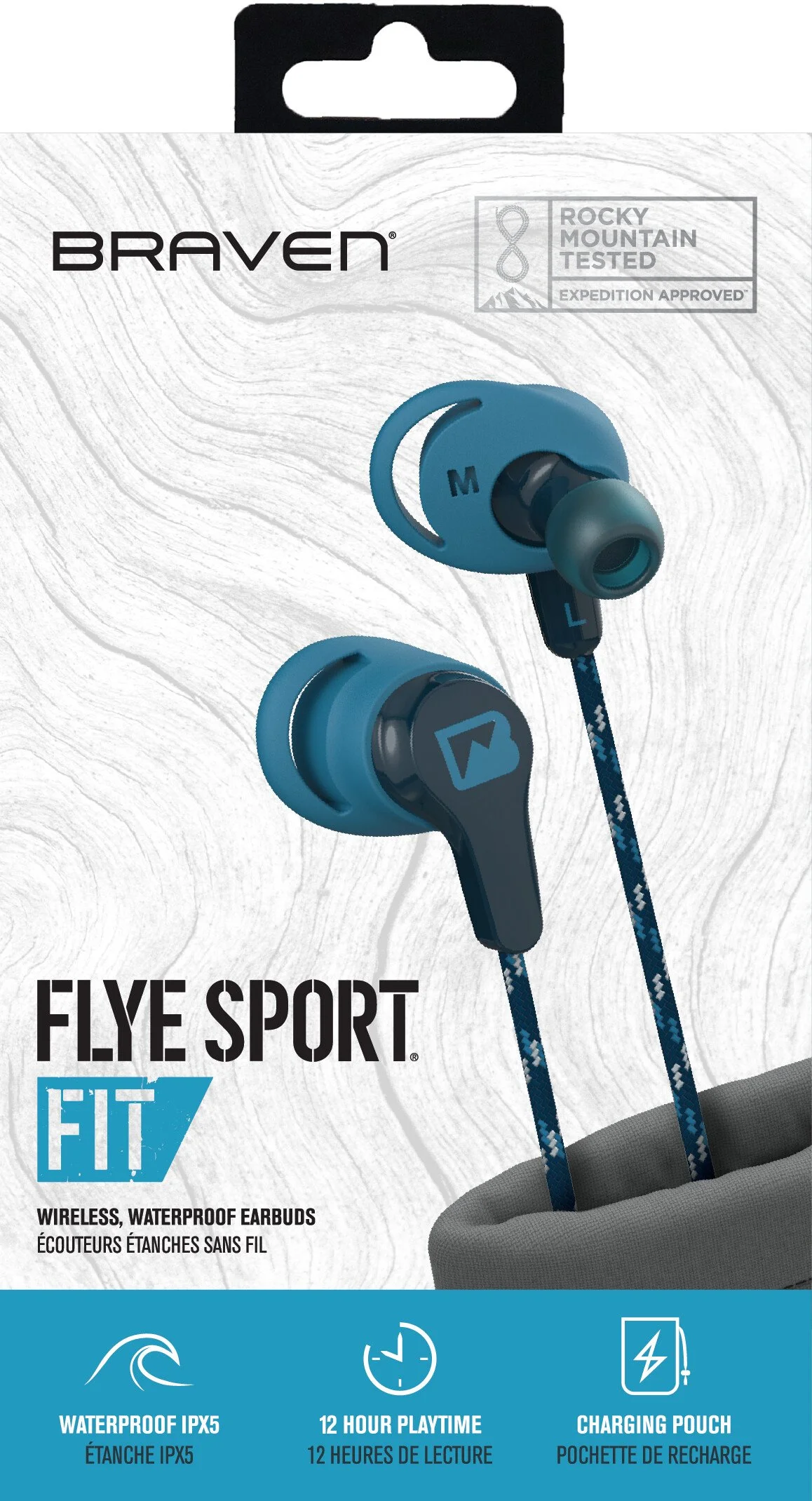 Package of Braven Flye Sport Fit wireless waterproof earbuds with blue and black design, showing the earbuds with ear tips and cable, on a white background with product information in English and French.