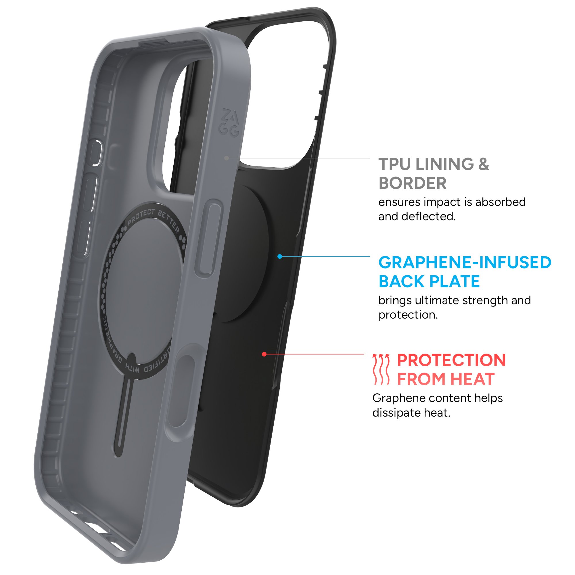 A close-up of a smartphone with a protective case, showing the case's TPU lining and border, and a graphene-infused back plate for protection and heat dissipation.
