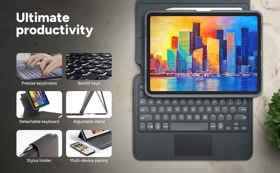An infographic showcasing a portable tablet with a detachable keyboard, a colorful cityscape on the screen, and features including precise keystrokes, backlit keys, a detachable keyboard, adjustable stand, stylus holder, and multi-device pairing.