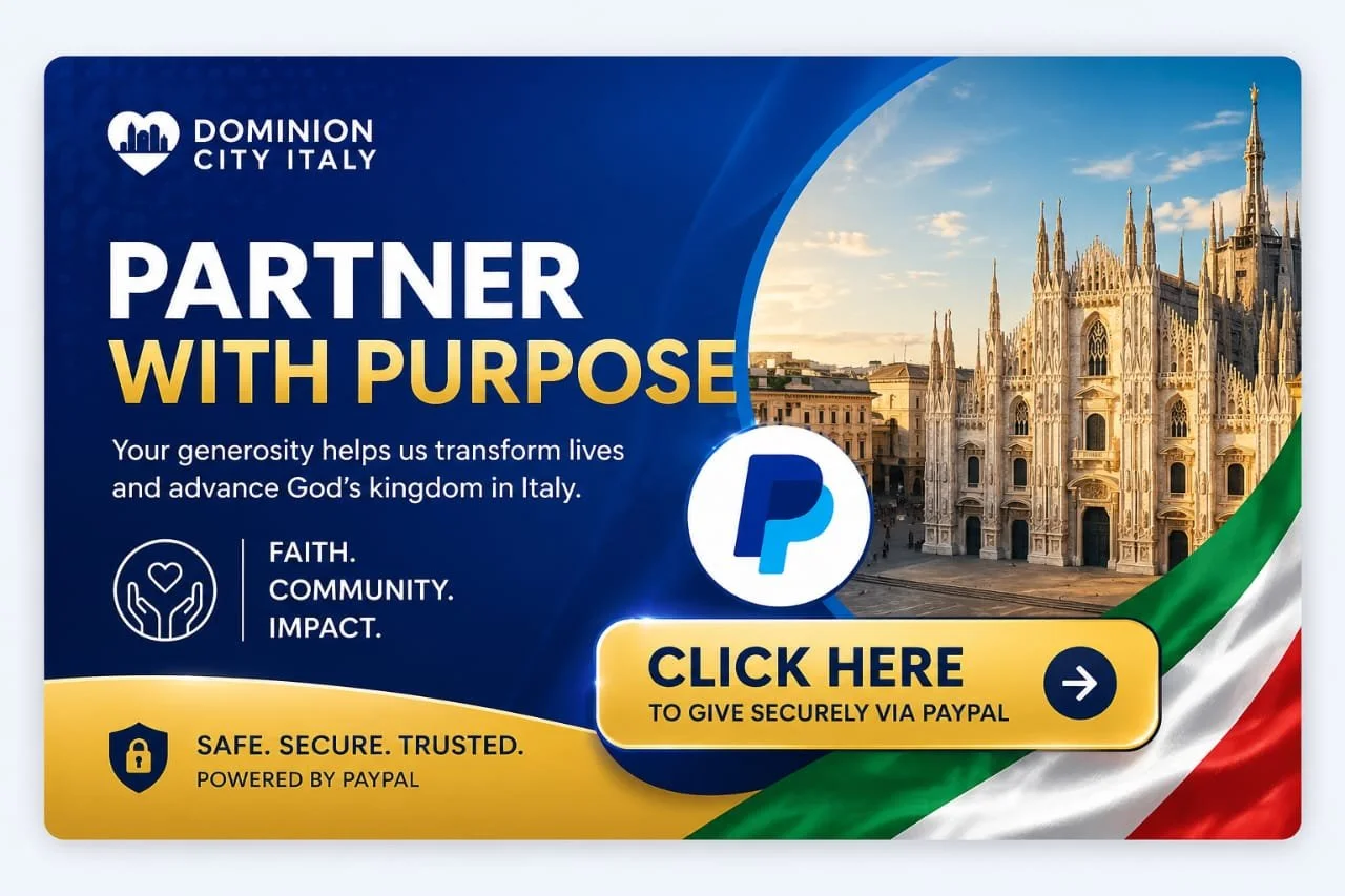 A promotional image for a charity or donation campaign featuring the Cathedral of Milan in Italy, with the PayPal logo and a call-to-action button that says 'Click Here to Give Securely via PayPal.' The design includes blue, gold, and Italian flag colors.