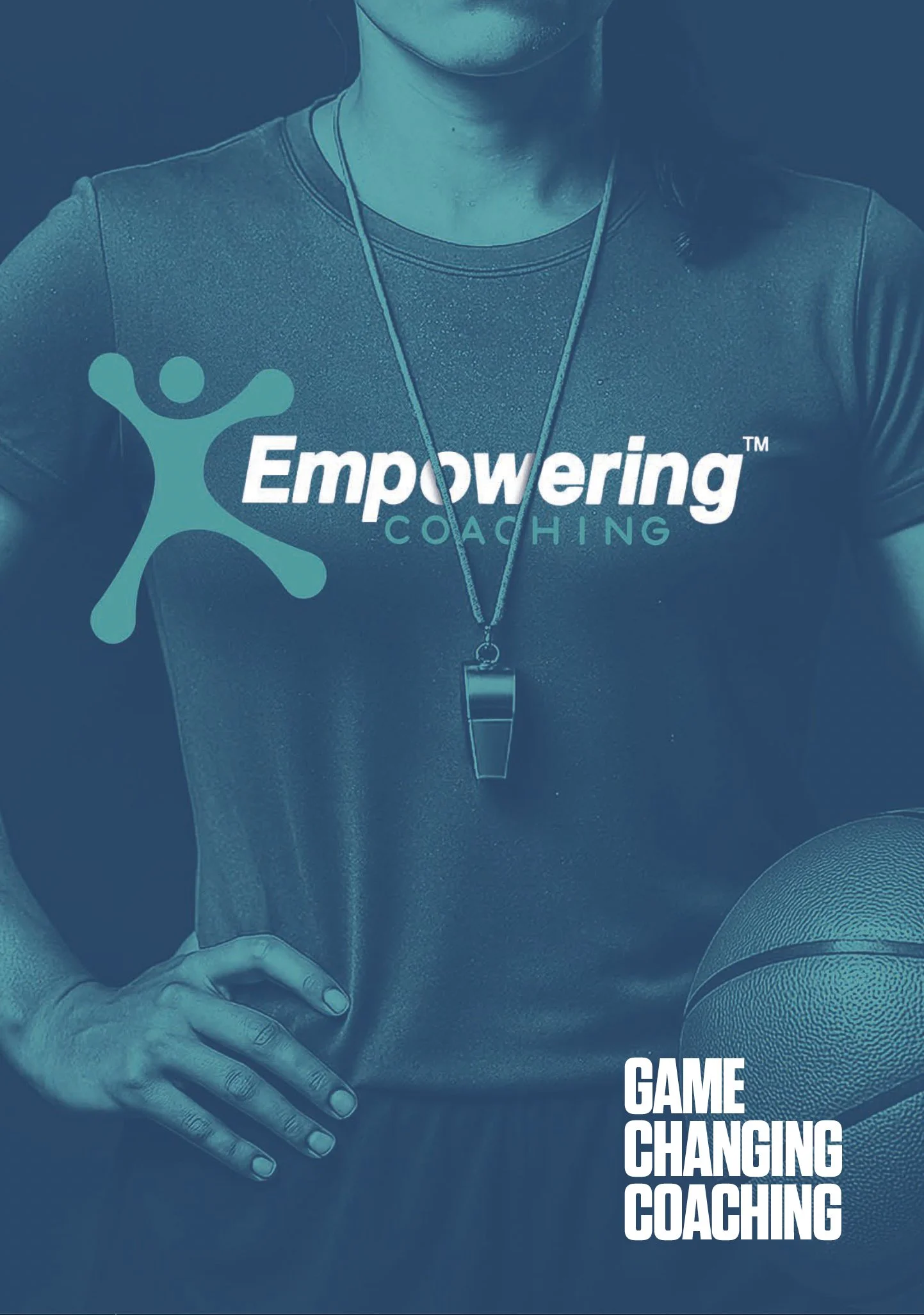 Close-up of a person wearing a dark t-shirt with a logo reading 'Empowering Coaching' and a stylized figure, with a whistle around their neck. Part of their face and body are visible, with a person’s hand resting on their lap, and the text 'Game Changing Coaching' in white letters at the bottom right corner.