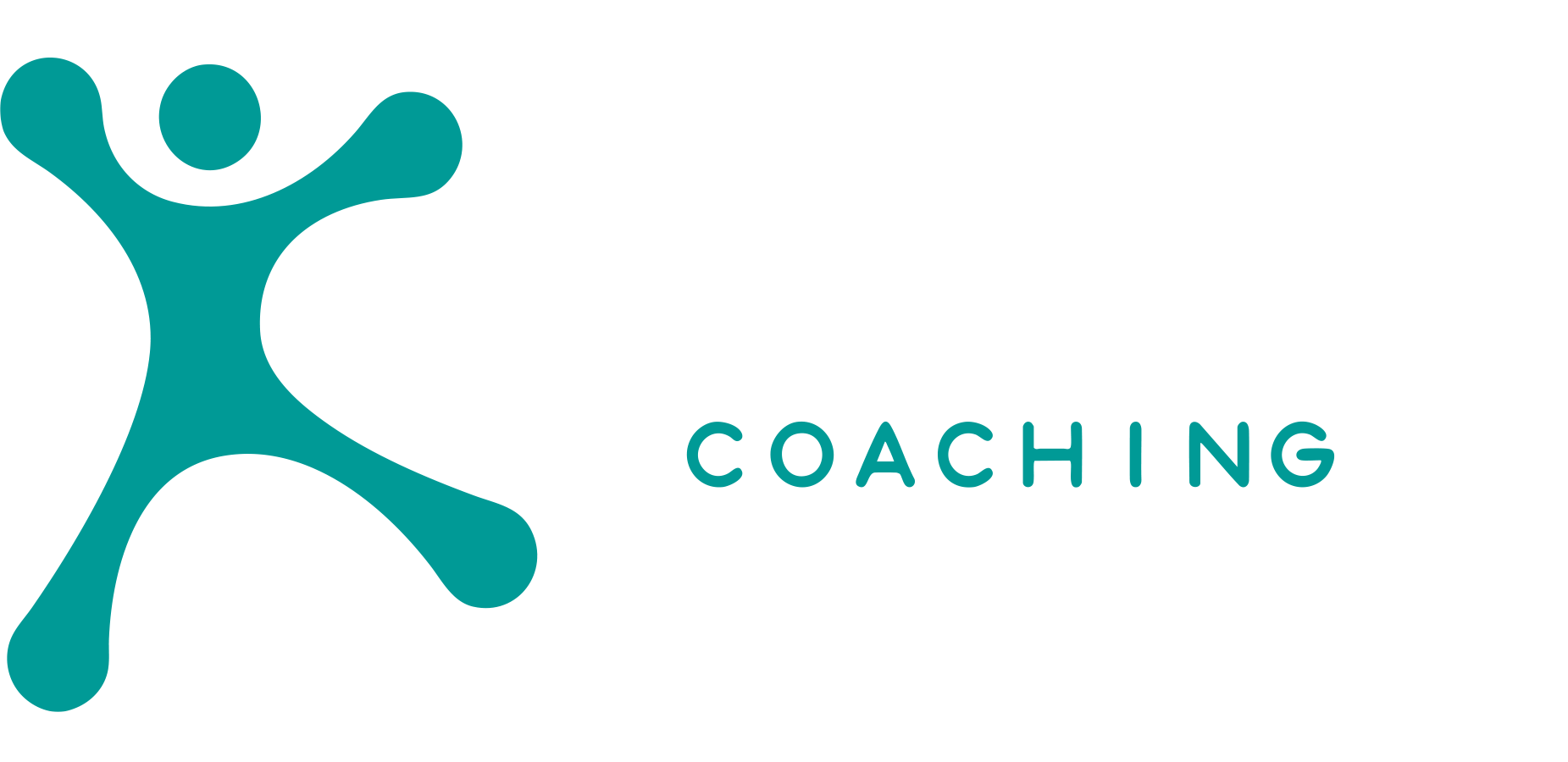 Logo for Empowering Coaching featuring a teal abstract human figure next to the word 'Empowering' in white, italics, with 'Coaching' written below in teal.