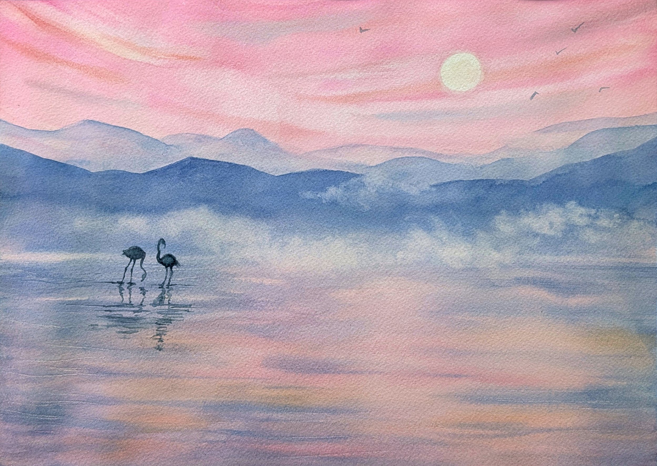 Sunrise Flamingos • watercolor • 10x14" • in private collection