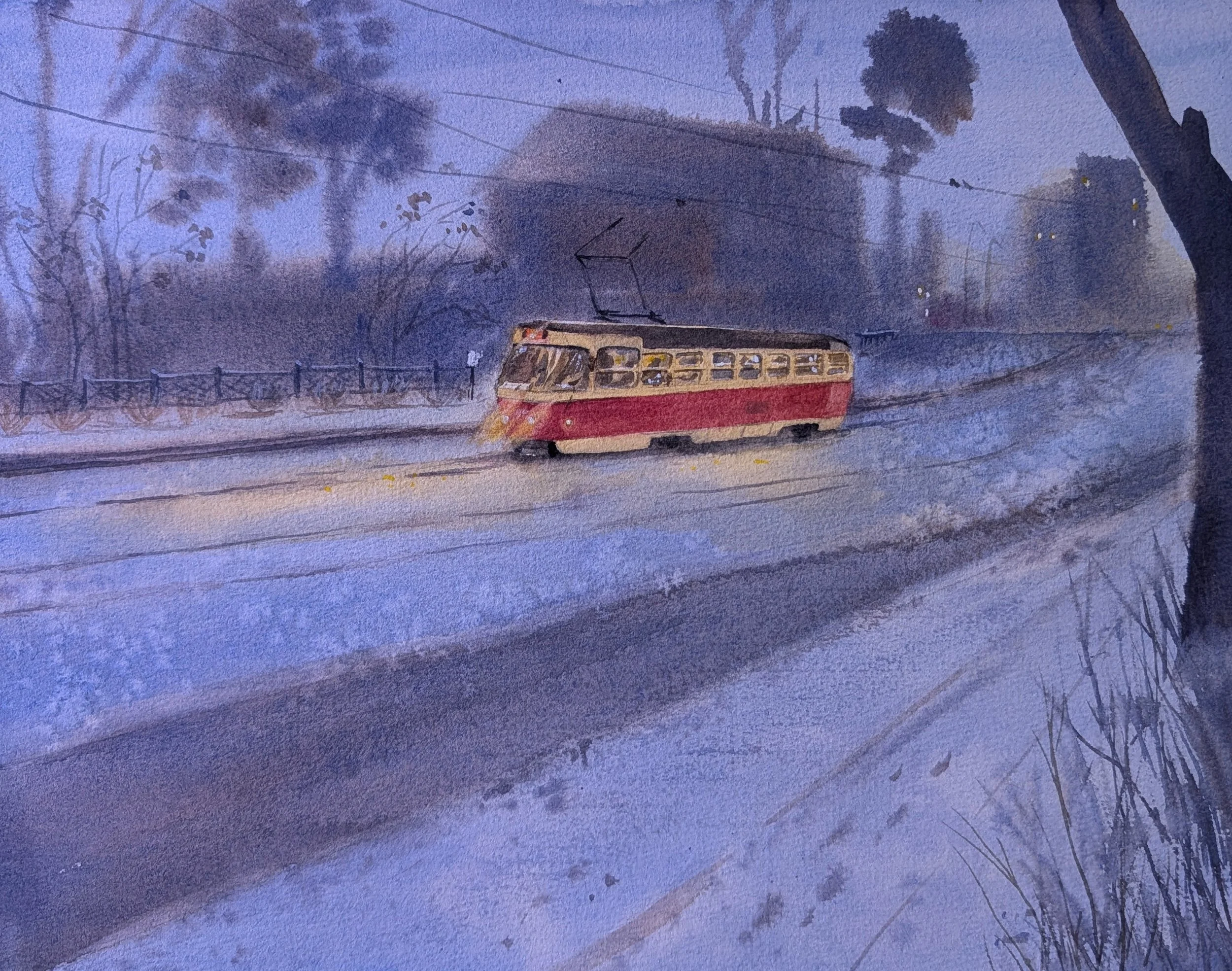Twilight Tram • watercolor • 13x10" • available