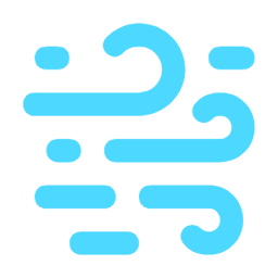 Blue wind symbol with curved lines and dots against a black background.
