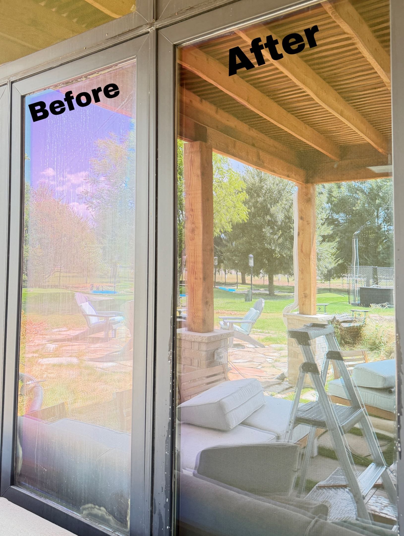 View through a glass door showing an outdoor patio with chairs, a wooden porch, and trees with green foliage in the background. The image is labeled with 'Before' on the left side and 'After' on the right side.