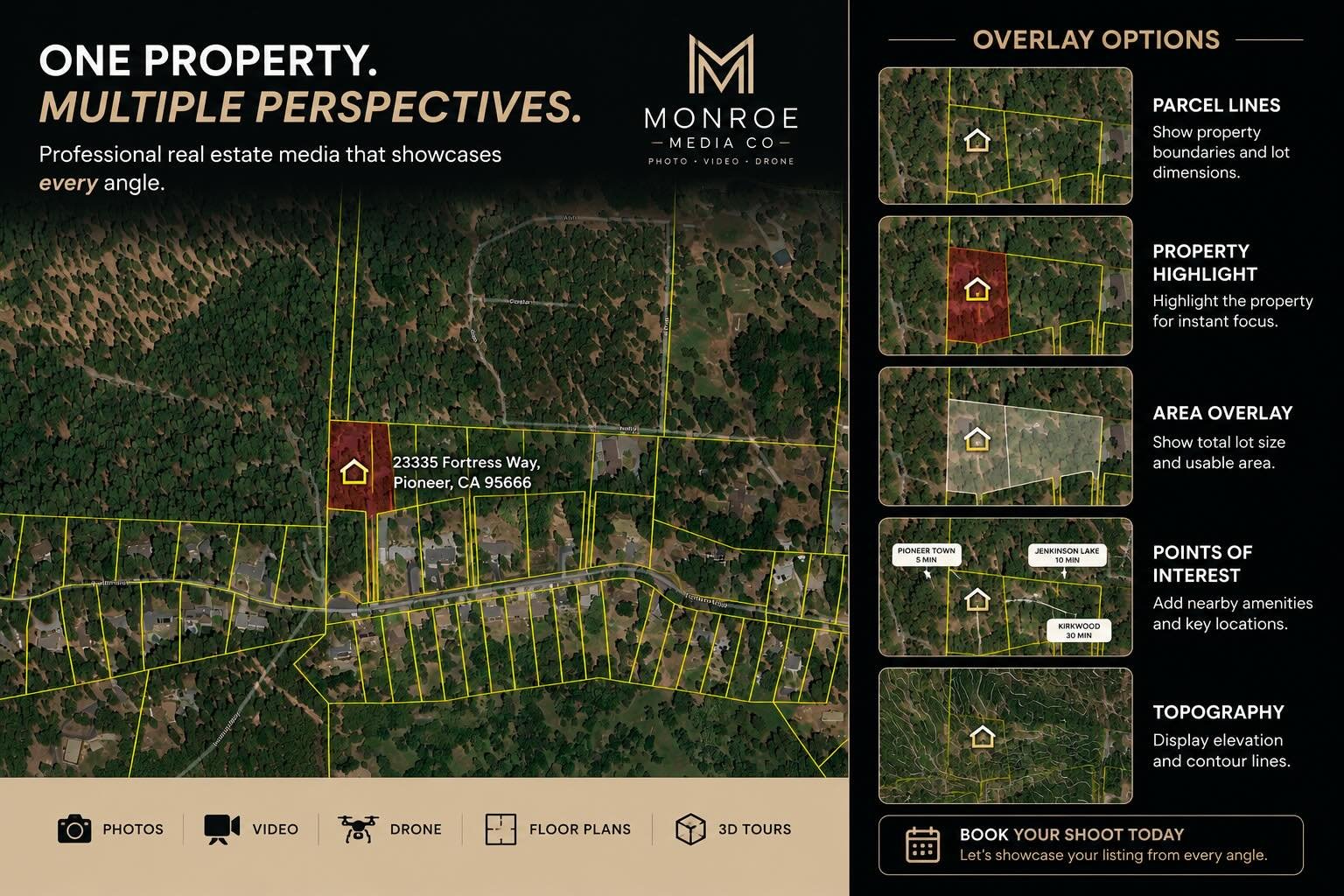 Property line overlays help buyers understand exactly what they&rsquo;re looking at&mdash;especially on larger parcels where boundaries aren&rsquo;t obvious from ground-level photos.

From parcel lines and lot highlights to points of interest and top