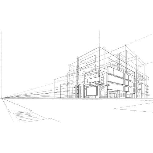 A wireframe drawing of a modern multi-story building with geometric shapes and structural details.