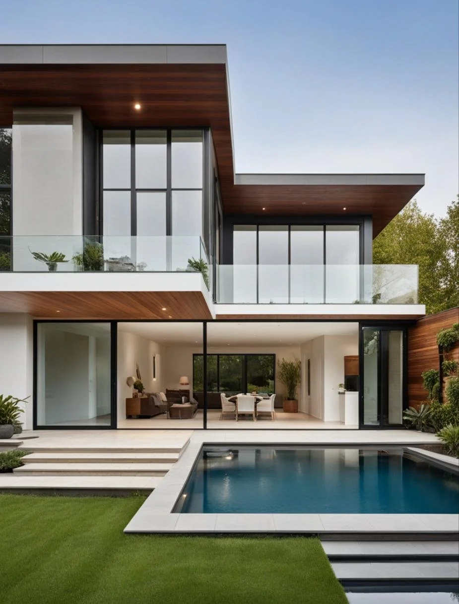 Modern multi-story house with large glass windows, a balcony with glass railing, an outdoor swimming pool, and surrounding greenery.