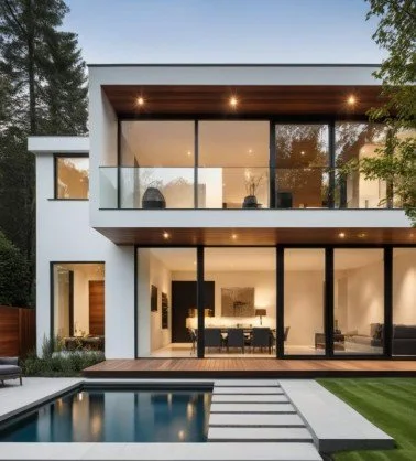 Modern two-story house with large glass windows and balcony, outdoor pool, and well-maintained backyard with lawn and trees.