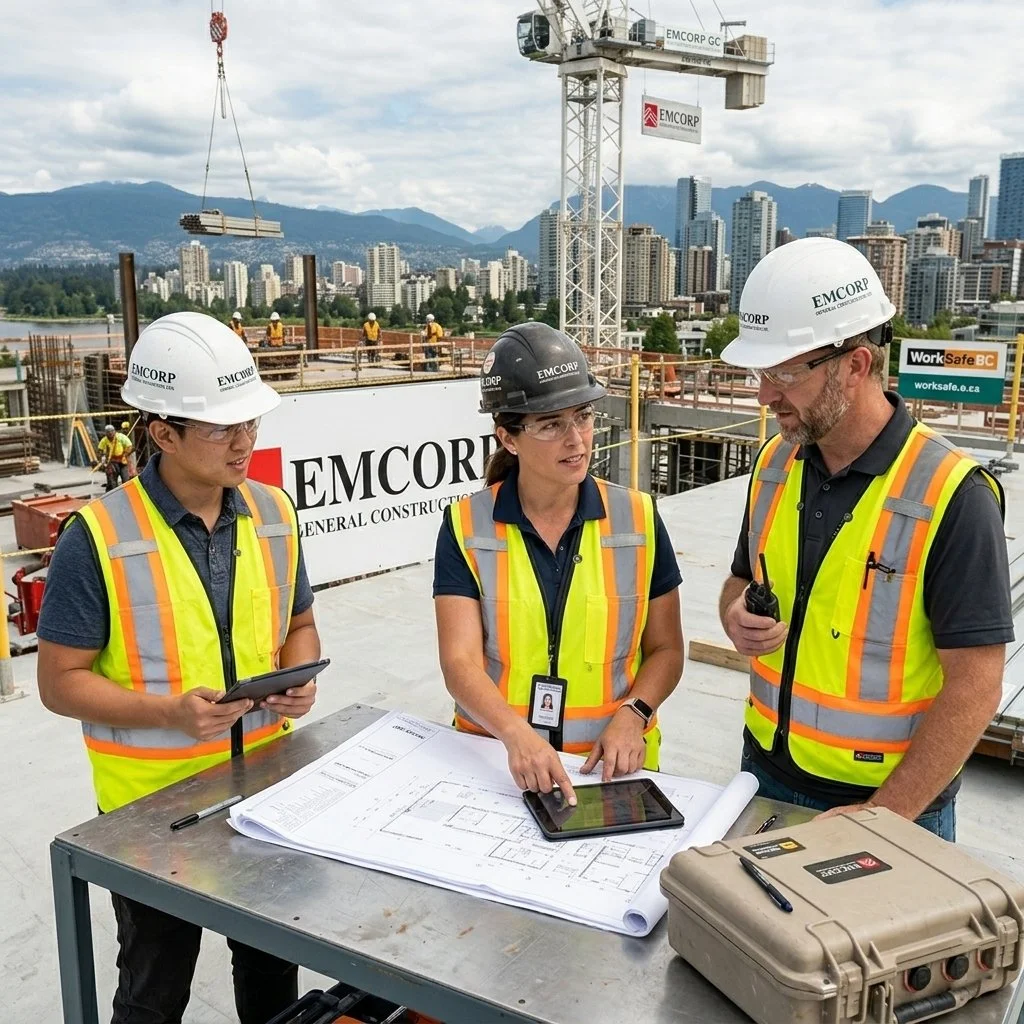 Three construction workers wearing hard hats and high-visibility vests are discussing plans on a construction site. There is a large crane and city skyline in the background.