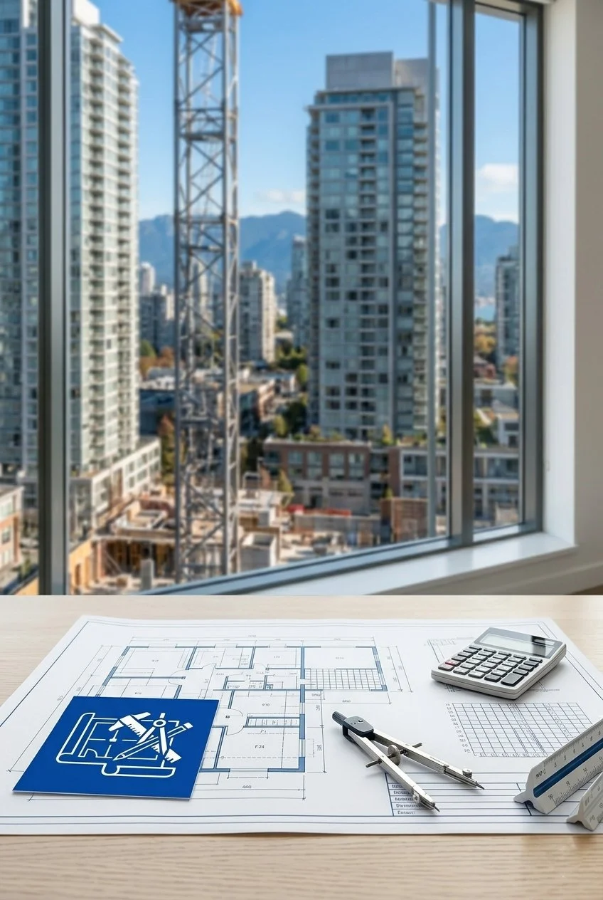 Architectural plans and tools on a desk with a view of high-rise buildings and mountains outside a window.