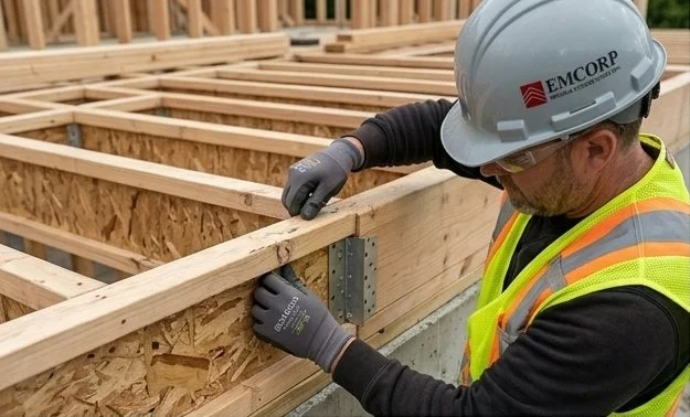 A construction worker wearing a hard hat, safety vest, and gloves is attaching a wooden frame to a concrete foundation on a building site.