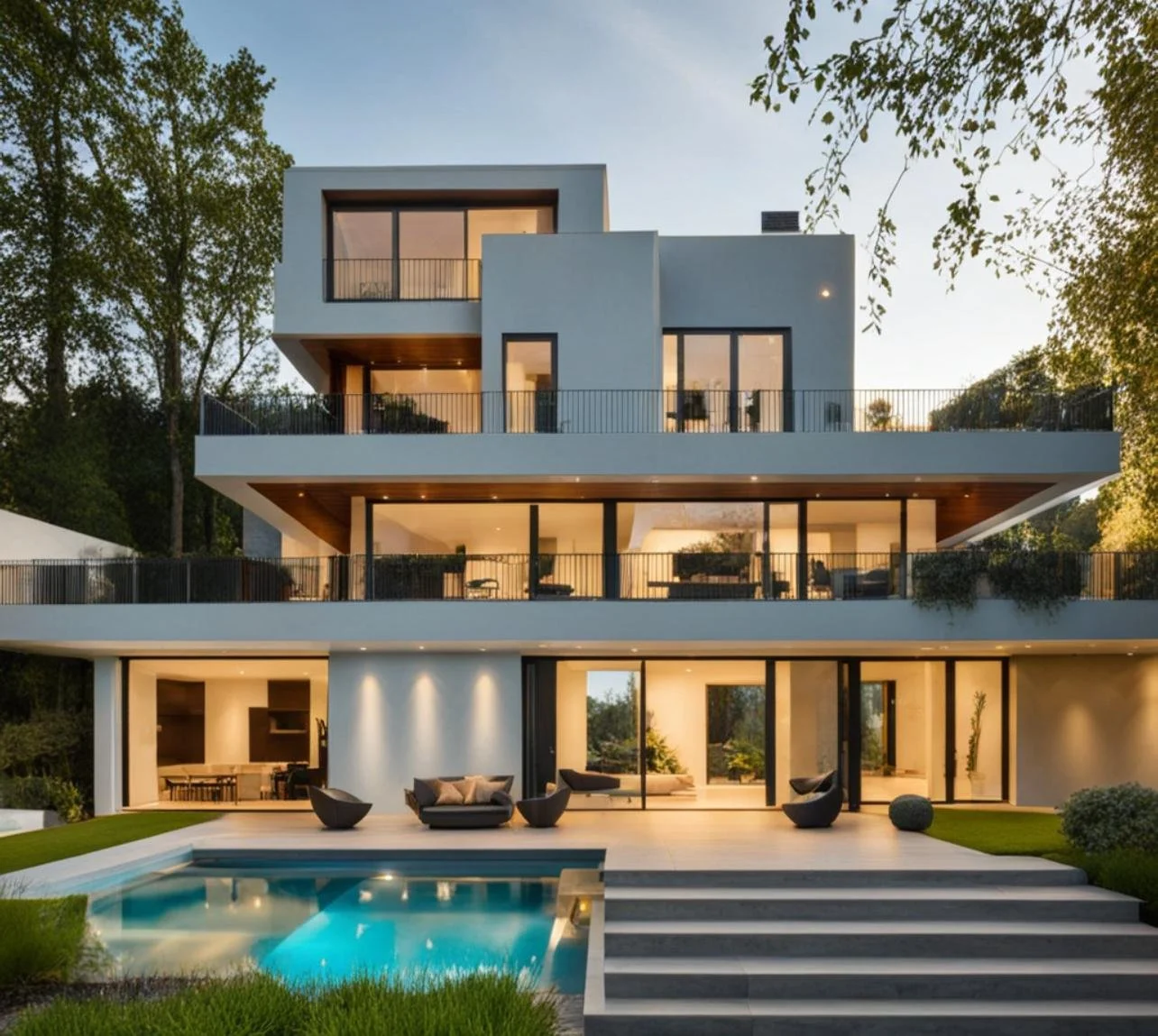 Modern multi-story house with large glass windows and balconies, pool in front, surrounded by greenery, during twilight with interior and exterior lighting.