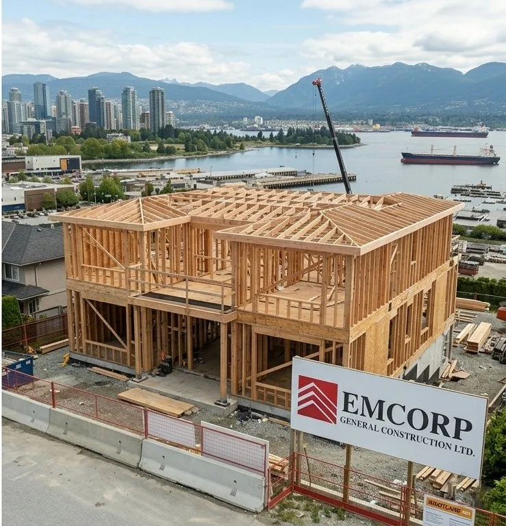 Wooden framing of a two-story building under construction with a view of a city skyline, river, and mountains in the background.
