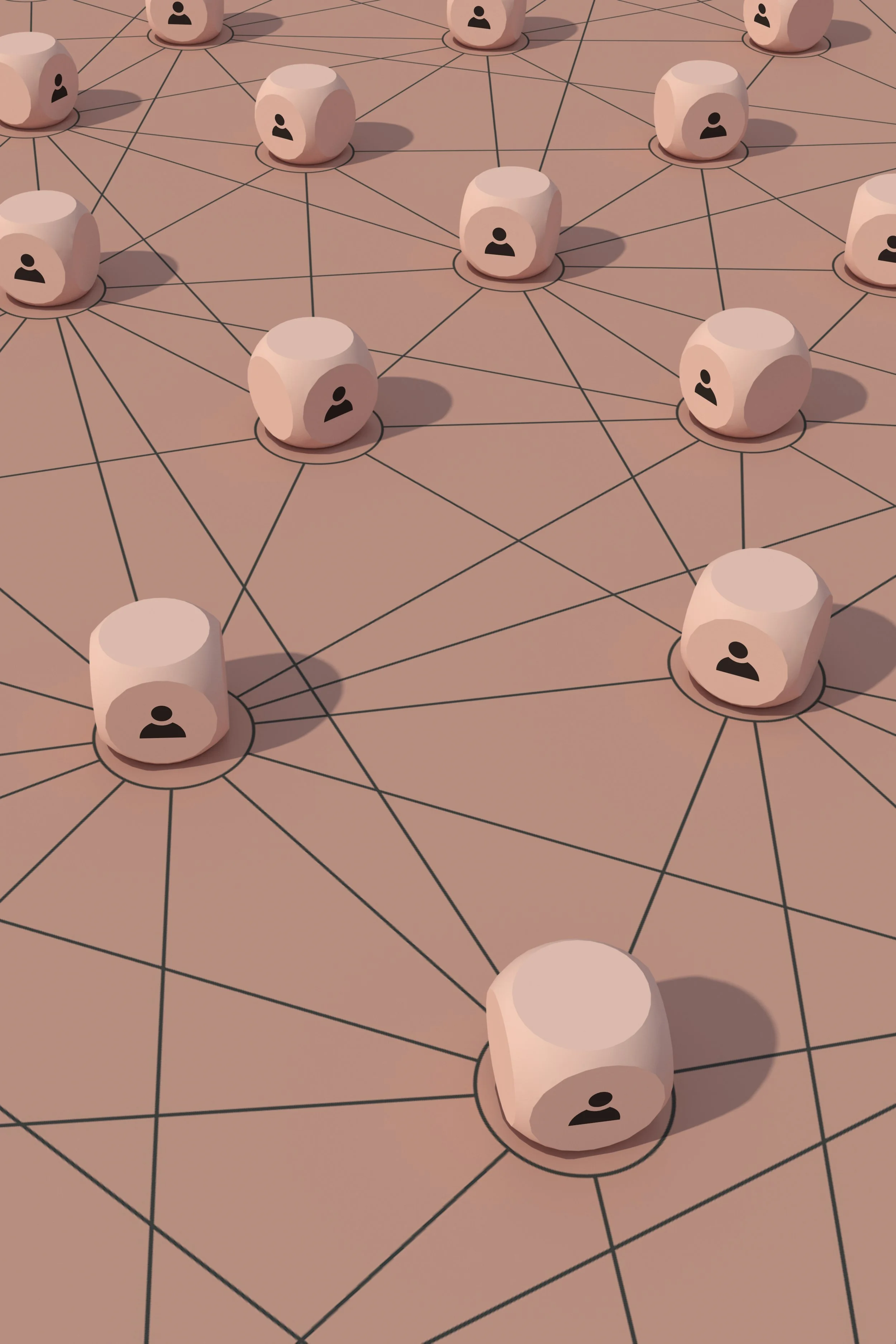 Multiple pink dice with black person icons on each face, connected by black lines on a pinkish background, suggesting a social network or connection diagram.