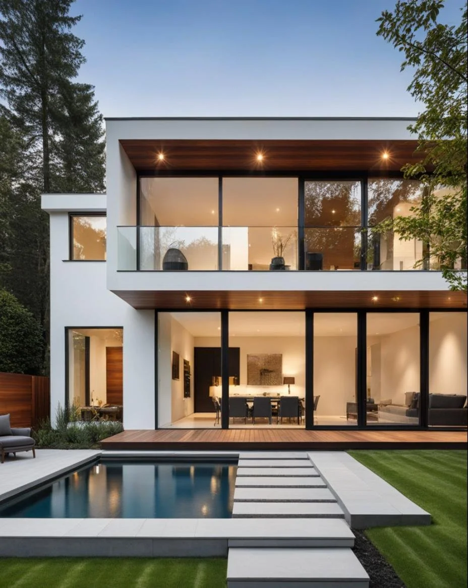 Modern two-story house with large glass windows, a wooden balcony, and an outdoor swimming pool surrounded by a manicured lawn.