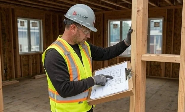 Construction worker in a safety vest and helmet reviewing blueprints inside a building under construction.