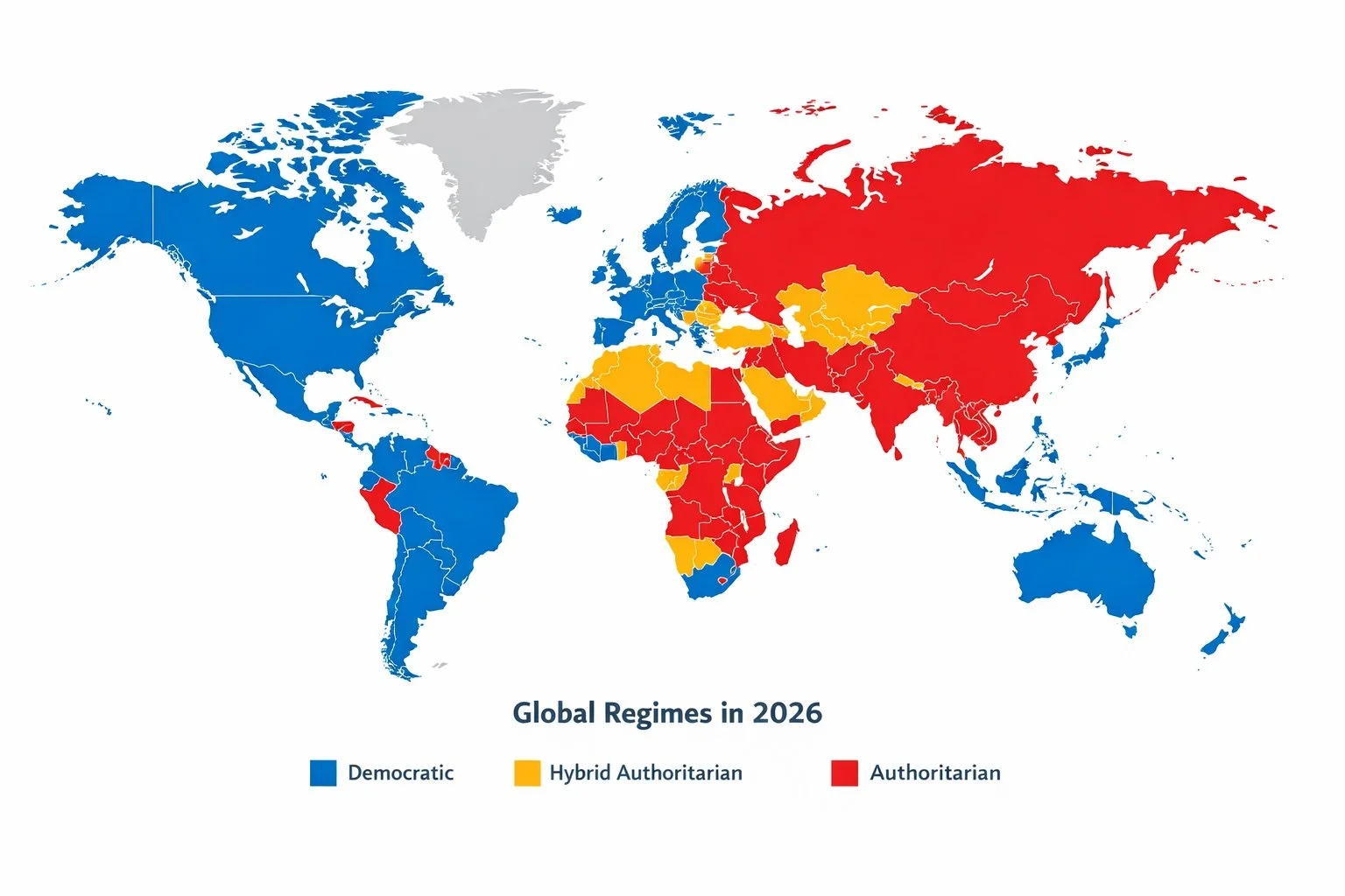 World map showing global political regimes in 2026. Countries are colored blue for democratic, yellow for hybrid authoritarian, and red for authoritarian regimes.