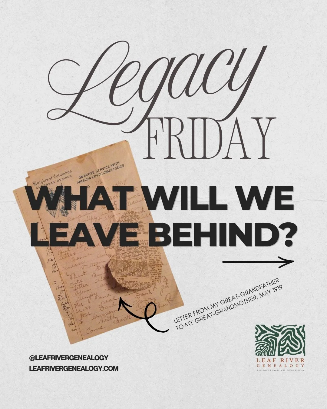 ✨LEGACY FRIDAY✨

What Will You Leave Behind?

One day, someone may research us.

What will they find? Photographs? Letters? Social media posts? Family stories?

The records we preserve today become the history our descendants inherit tomorrow.

Famil