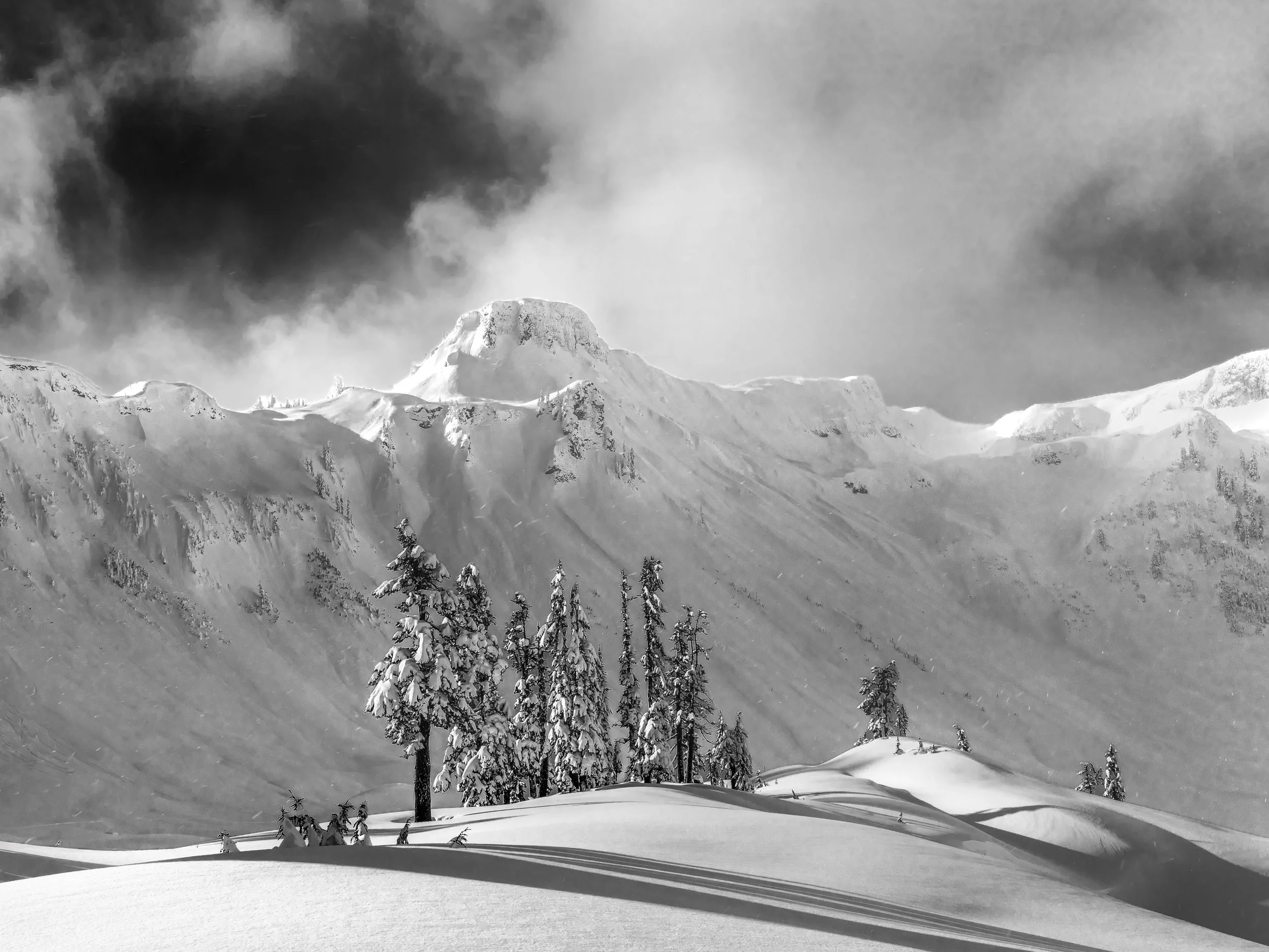 The foreground has become its own landscape. Wind has worked the deep snowpack into a series of rolling dunes and shallow basins, their surfaces curved and smooth where the wind has compacted them, shadowed in the hollows where the raking sidelight c
