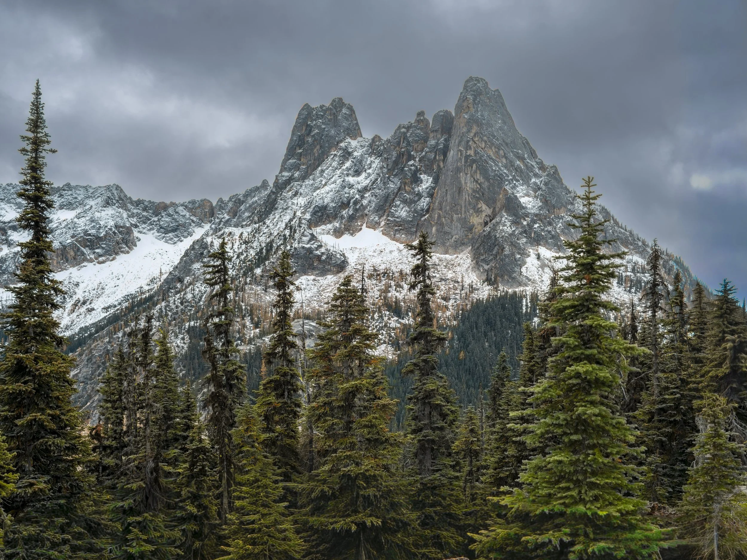 This image presents the full Early Winters formation: twin summits of dark metamorphic rock rising to sharp, asymmetric points, their faces streaked with warm amber where the iron-bearing gneiss catches what light the overcast permits. Fresh snow cov