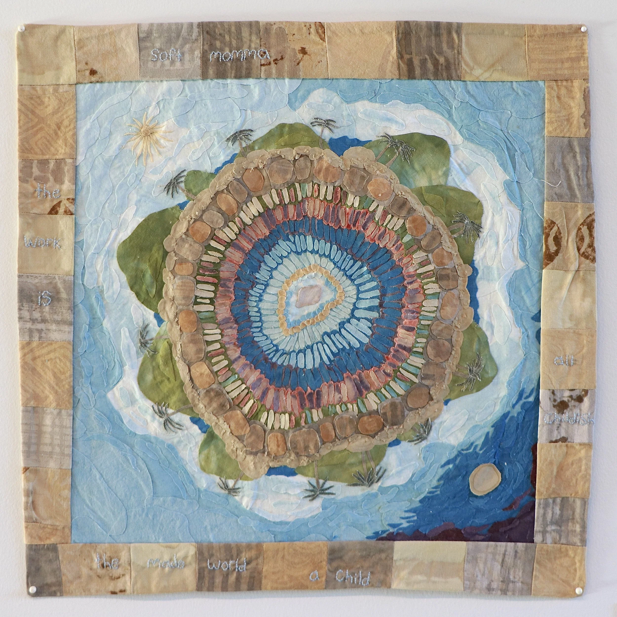 soft mama, the work is all childish. the made world, a child, 2026 | Naturally-dyed cotton, thread