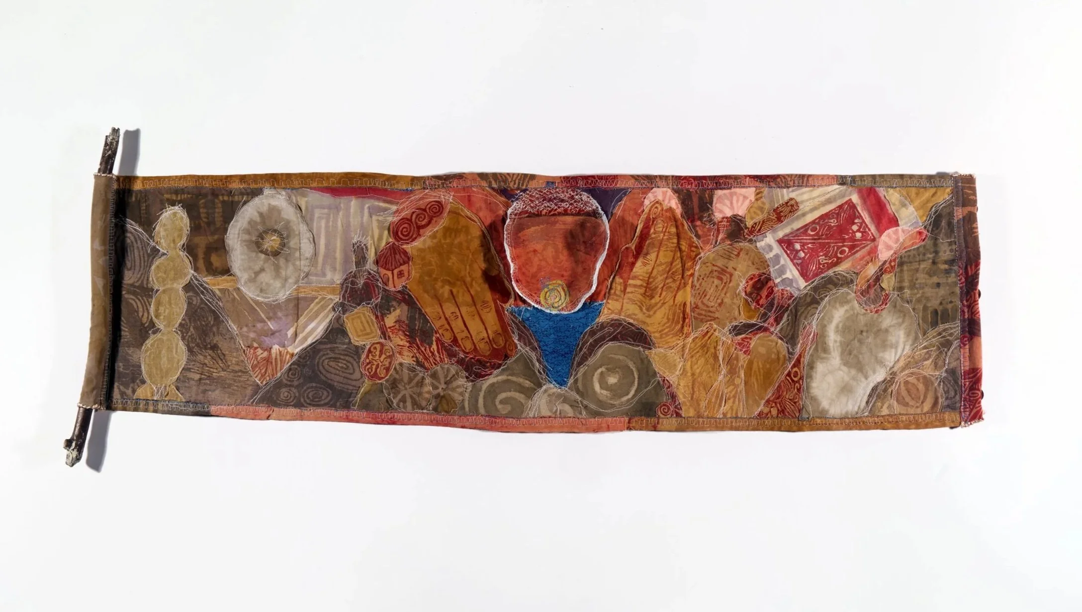 From our Depths, 2025 | Naturally-dyed cloth, thread, found driftwood, buttons