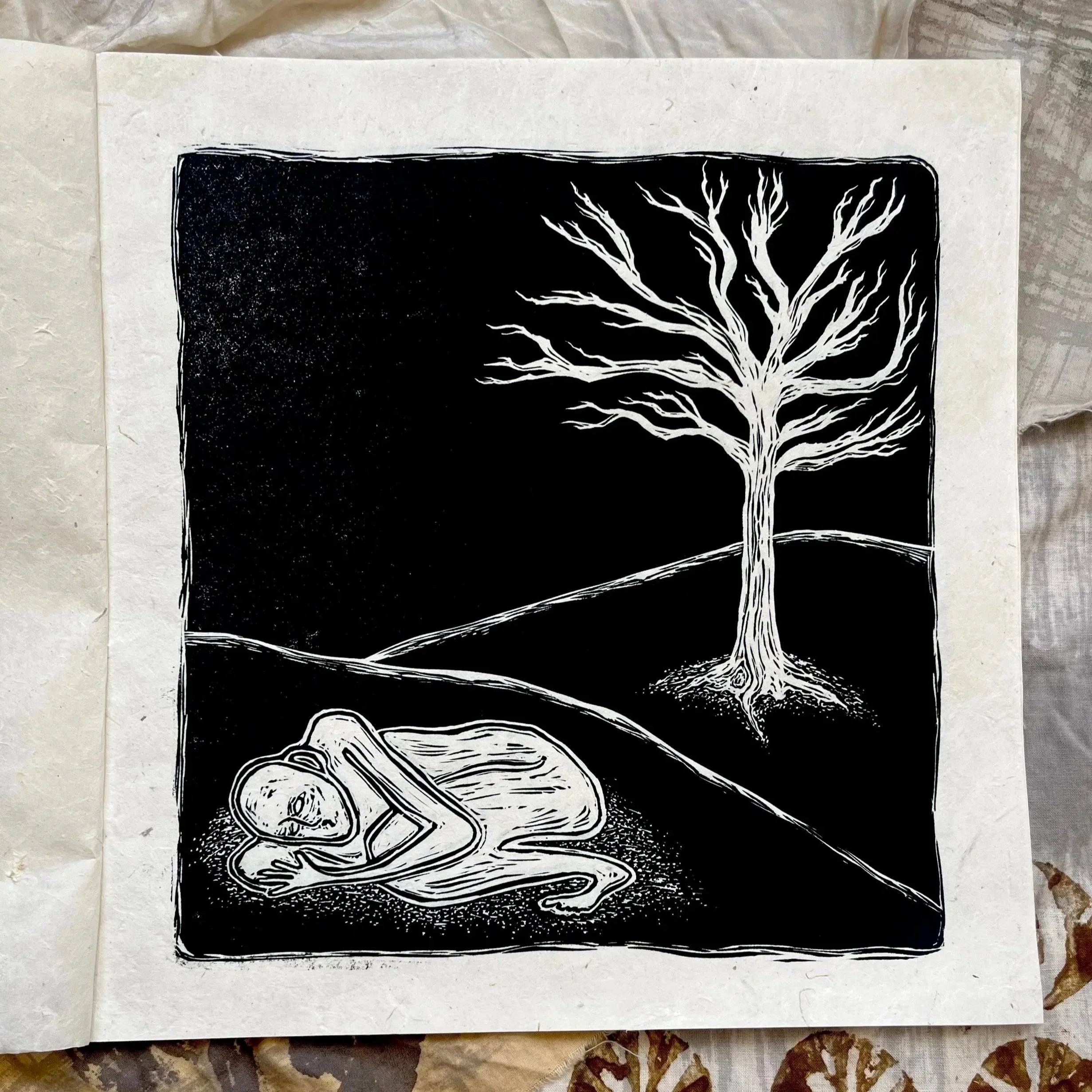 Dear Aspen, 2024 | Woodblock relief print bound in to a book, thread, 13 in x 11 in