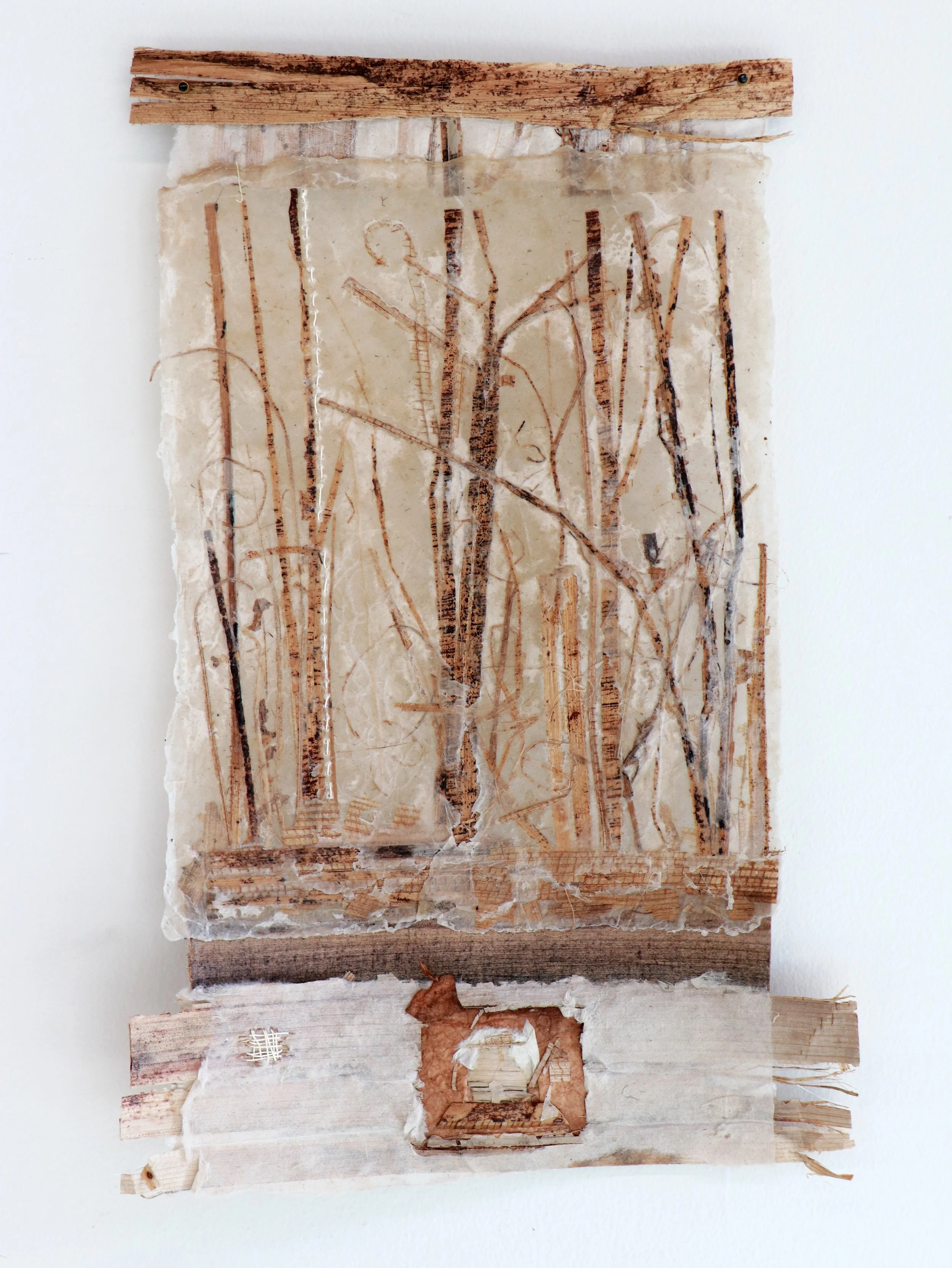 With your hands, 2026 | Handmade paper collection made from abaca pulp and embedded with banana leaves from my backyard in Waikoloa, pressed by my mom (grown by dad), thread, beeswax 