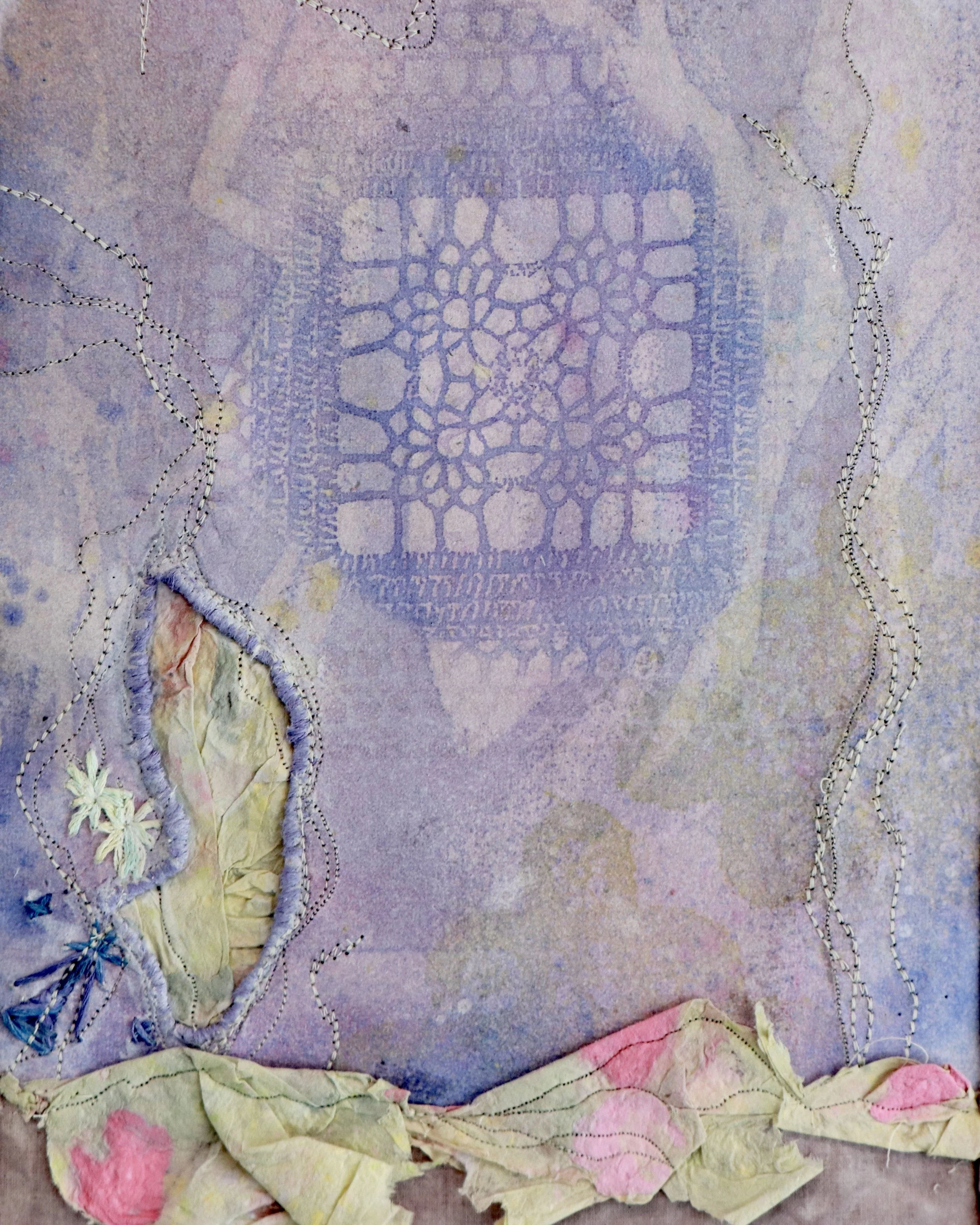 Windward, 2026 | Handmade paper screen-printed with extra fine paper pulp, hand-dyed fabric, thread, watercolor, 10 in x 14 in