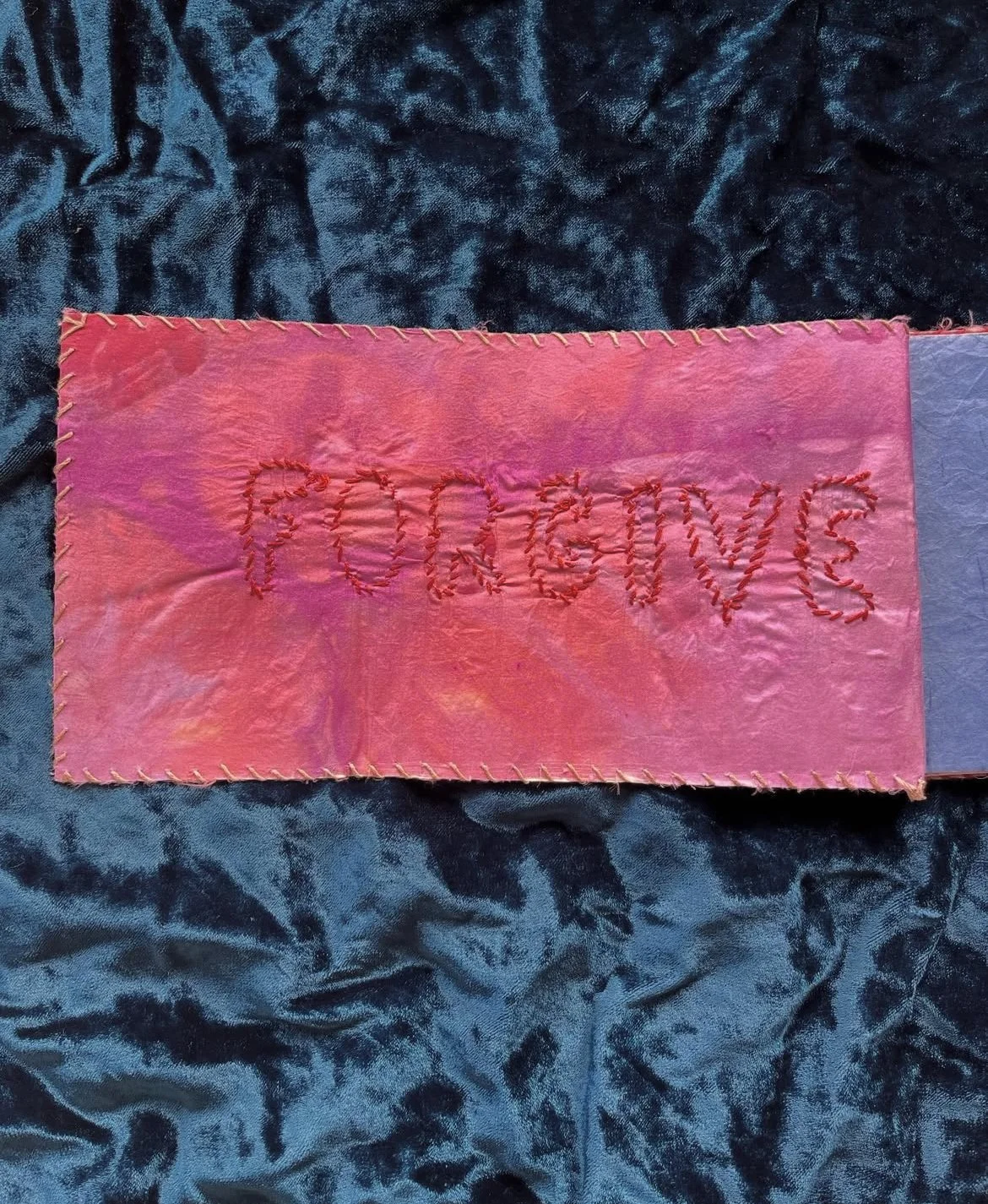 Forgive, 2024 | Screenprinted book edition, bound with hand-dyed fabric & thread
