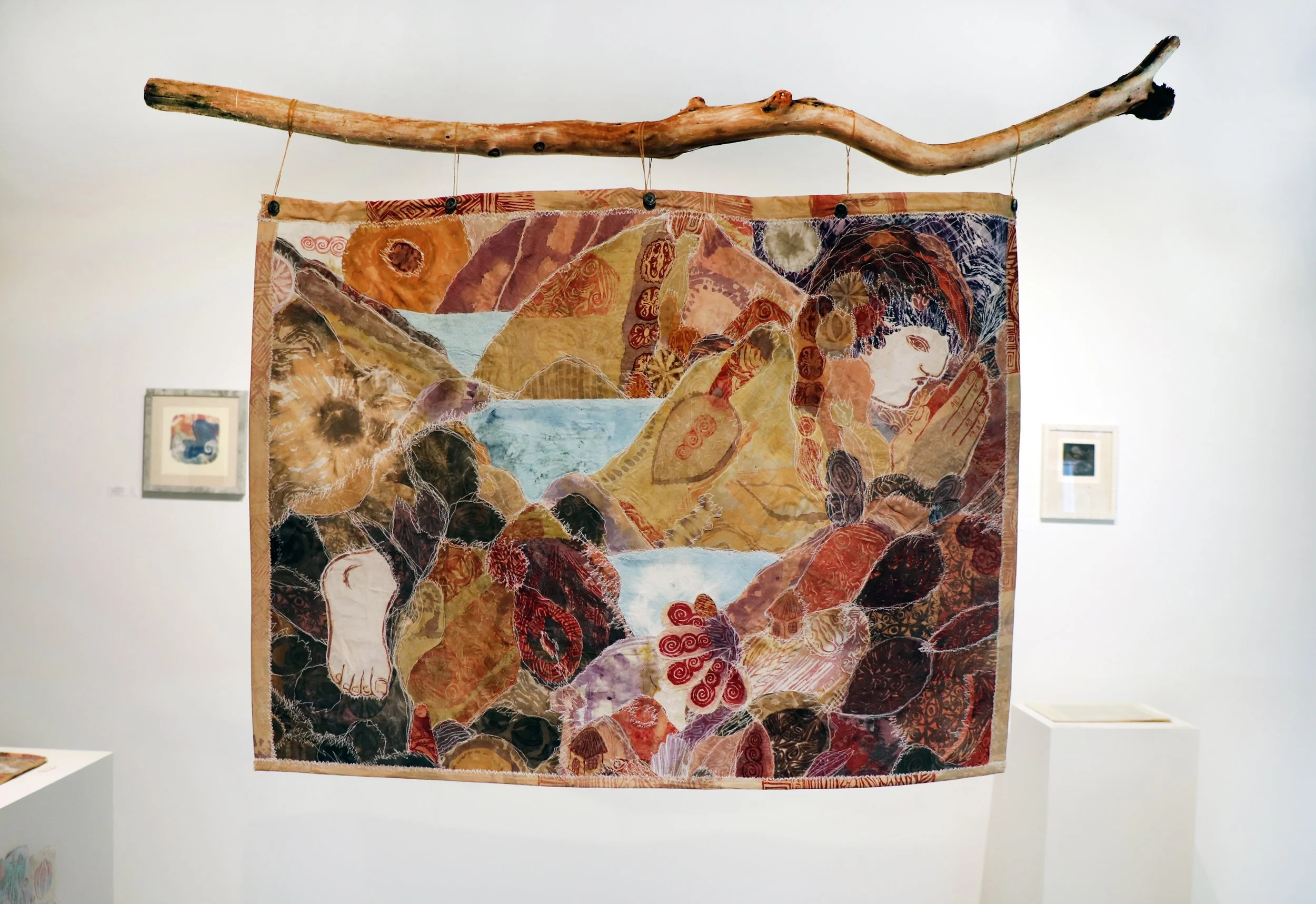 Hō'ailona, 2025 | Naturally-dyed cotton dyed with kitchen scraps, madder root, indigo, rust, screen printed on with plant-derived print pastes made from onion skins, logwood, madder, and more, thread, buttons, found driftwood