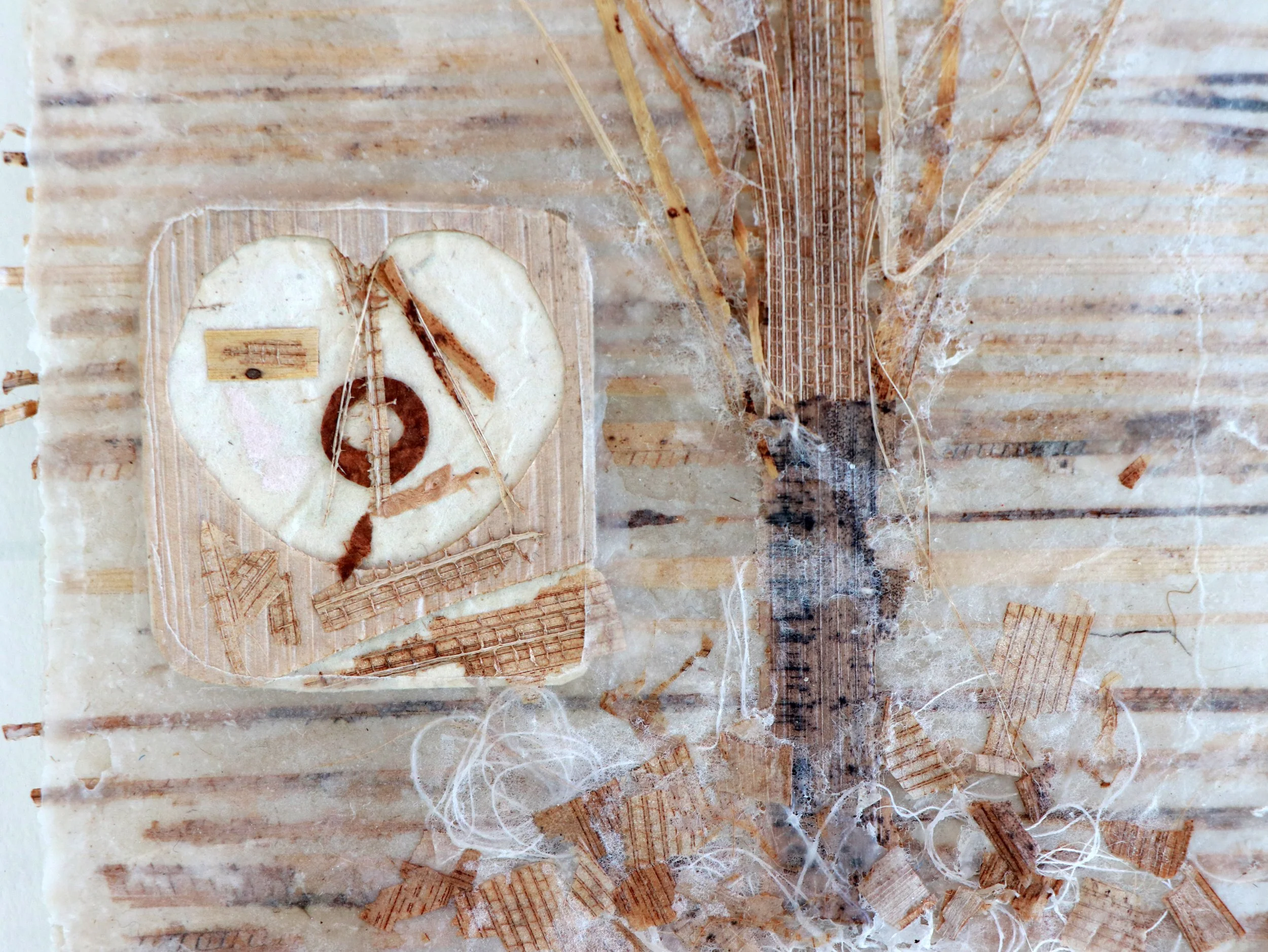With your hands, 2026 | Handmade paper collection made from abaca pulp and embedded with banana leaves from my backyard in Waikoloa, pressed by my mom (grown by dad), thread, beeswax 