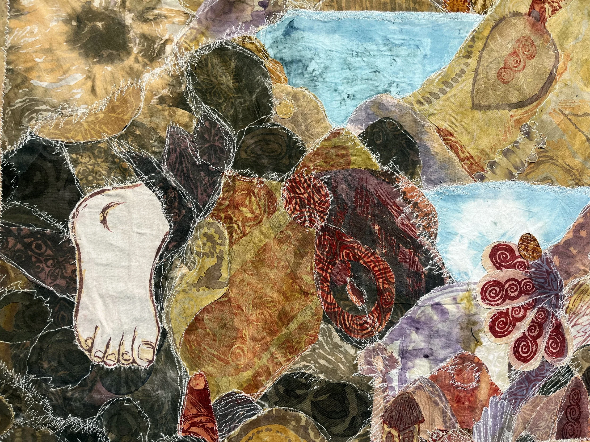 Hō'ailona, 2025 | Naturally-dyed cotton dyed with kitchen scraps, madder root, indigo, rust, screen printed on with plant-derived print pastes made from onion skins, logwood, madder, and more, thread, buttons, found driftwood