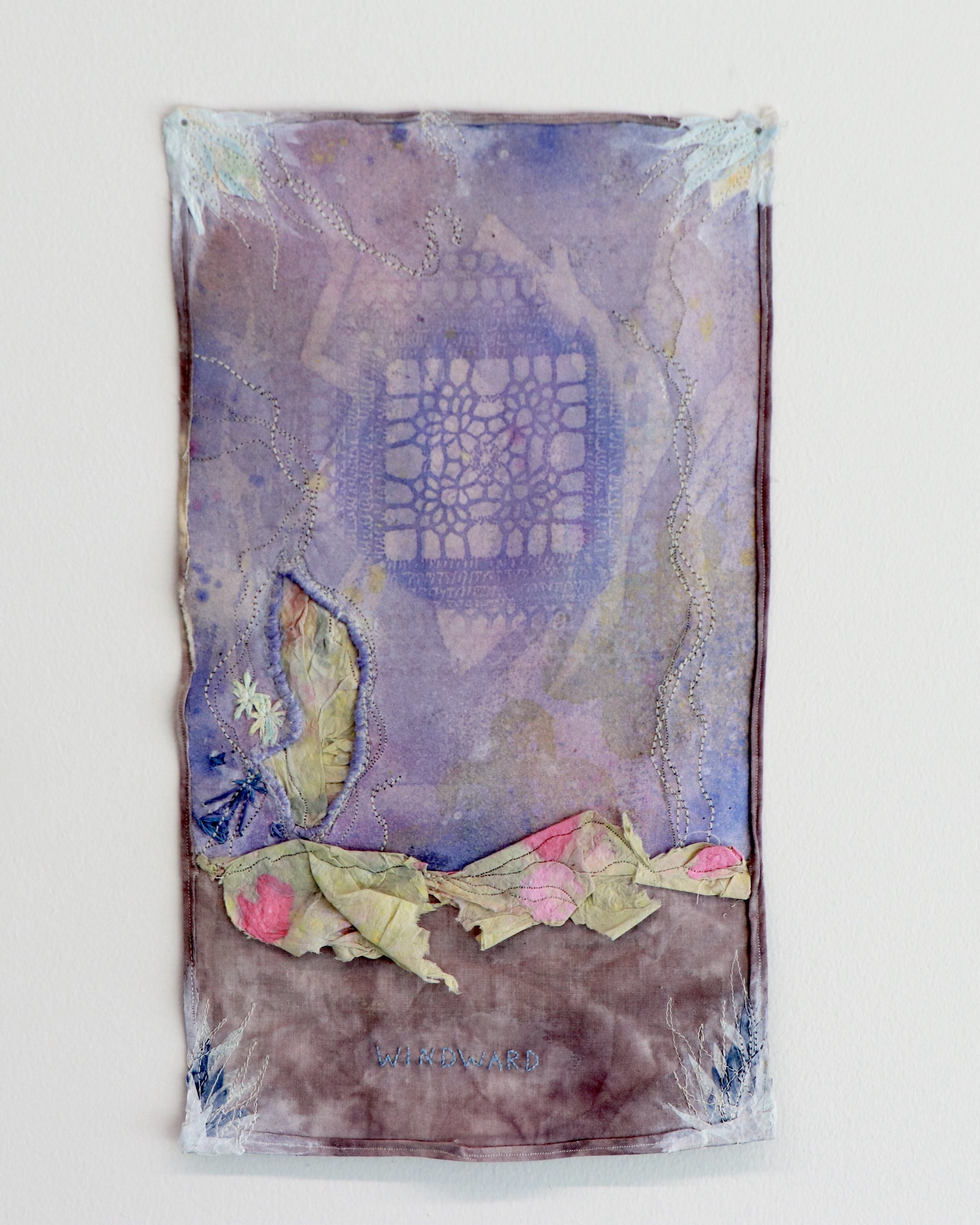 Windward, 2026 | Handmade paper screen-printed with extra fine paper pulp, hand-dyed fabric, thread, watercolor, 10 in x 14 in