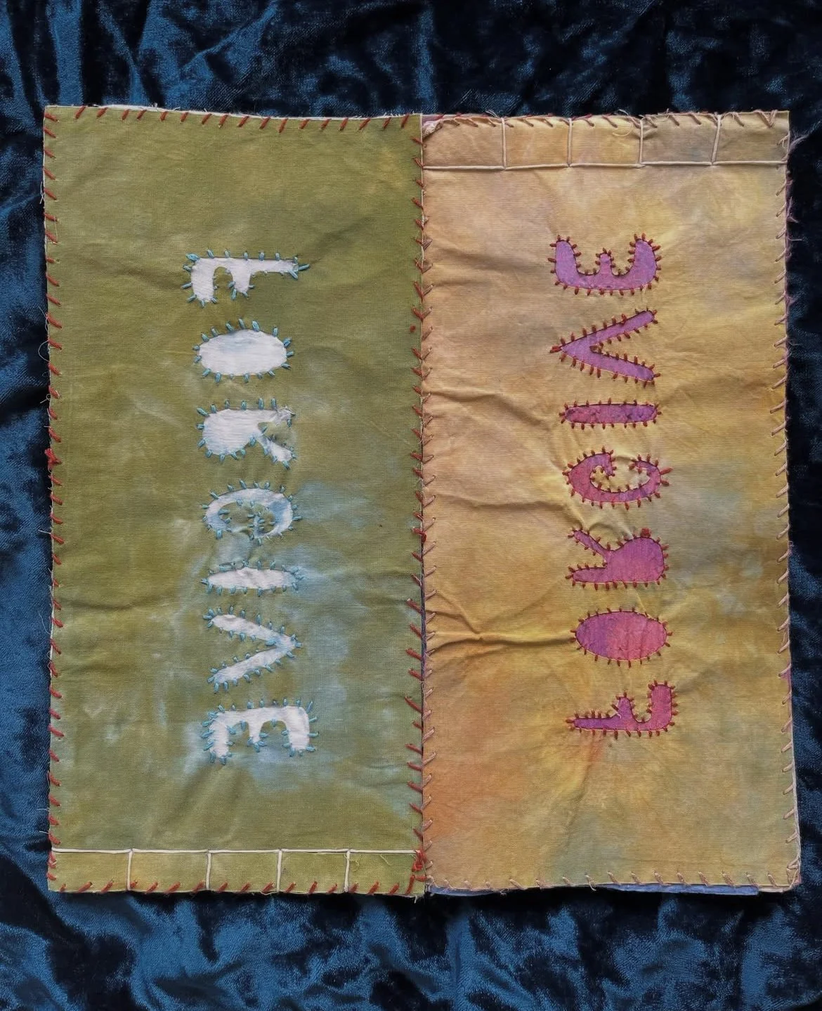 Forgive, 2024 | Screenprinted book edition, bound with hand-dyed fabric & thread