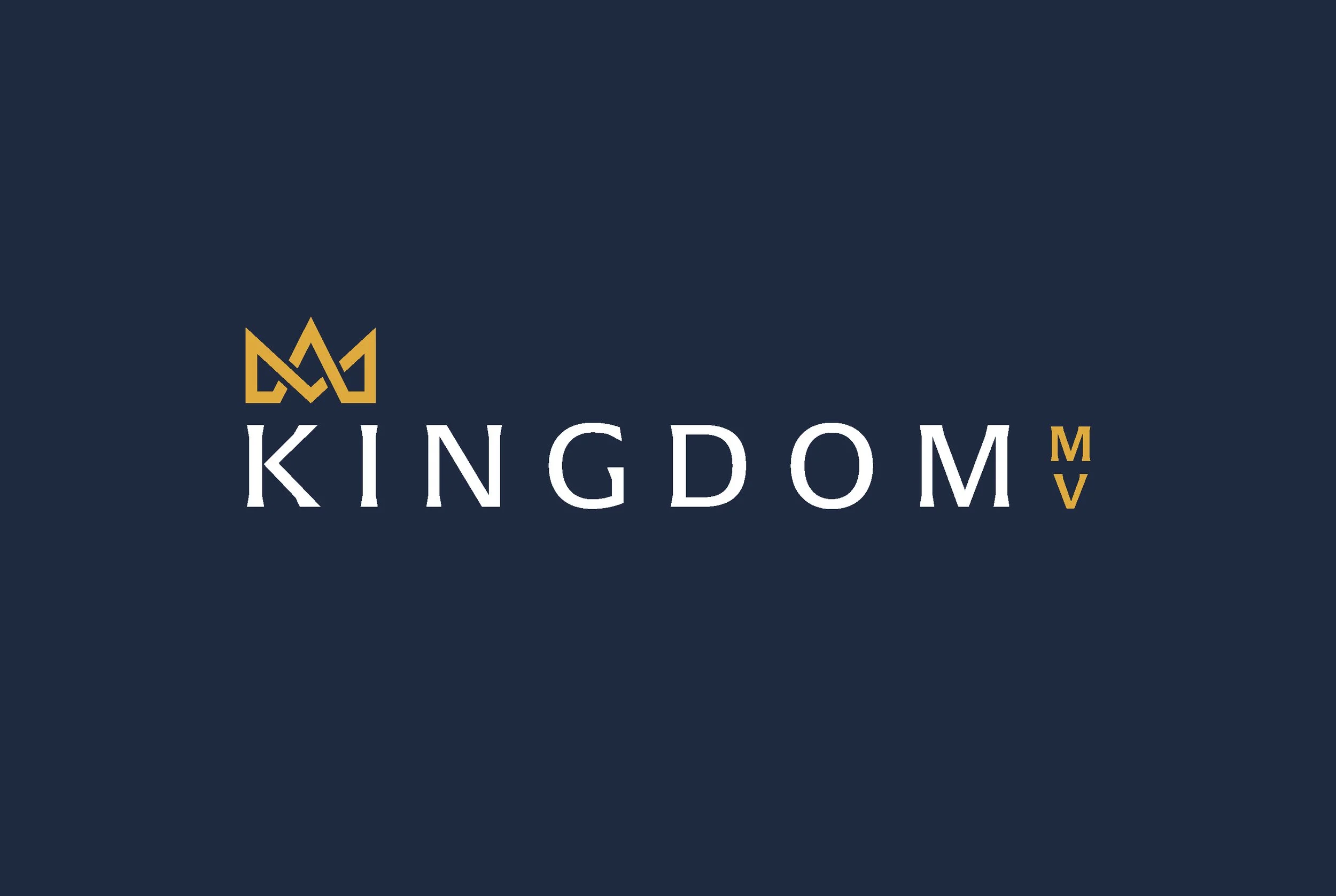 Logo for Kingdom MV with a gold crown icon above the word 'KINGDOM' in white letters and a small 'MV' in gold on the right side.