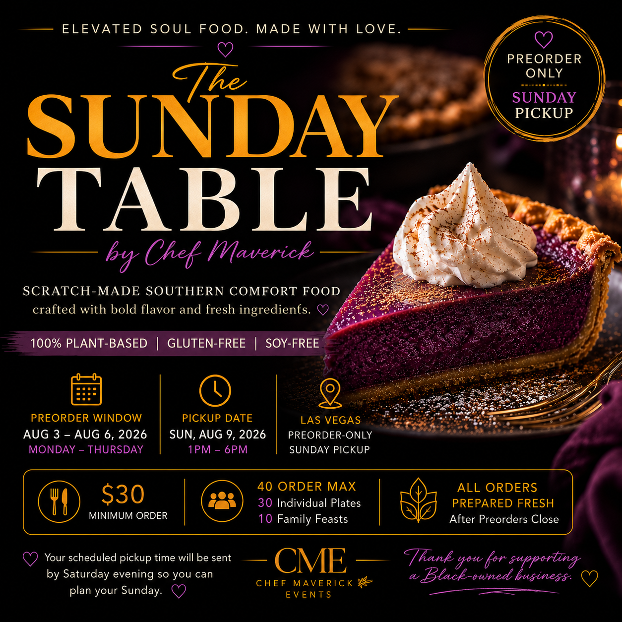 Promotional flyer for The Sunday Table, featuring a slice of berry tart with whipped cream, announcing preorders for Sunday pickup in Las Vegas. It highlights the food as elevated, plant-based, gluten-free, soy-free, and crafted with love, with details on preorder window, pickup date, and minimum order cost.