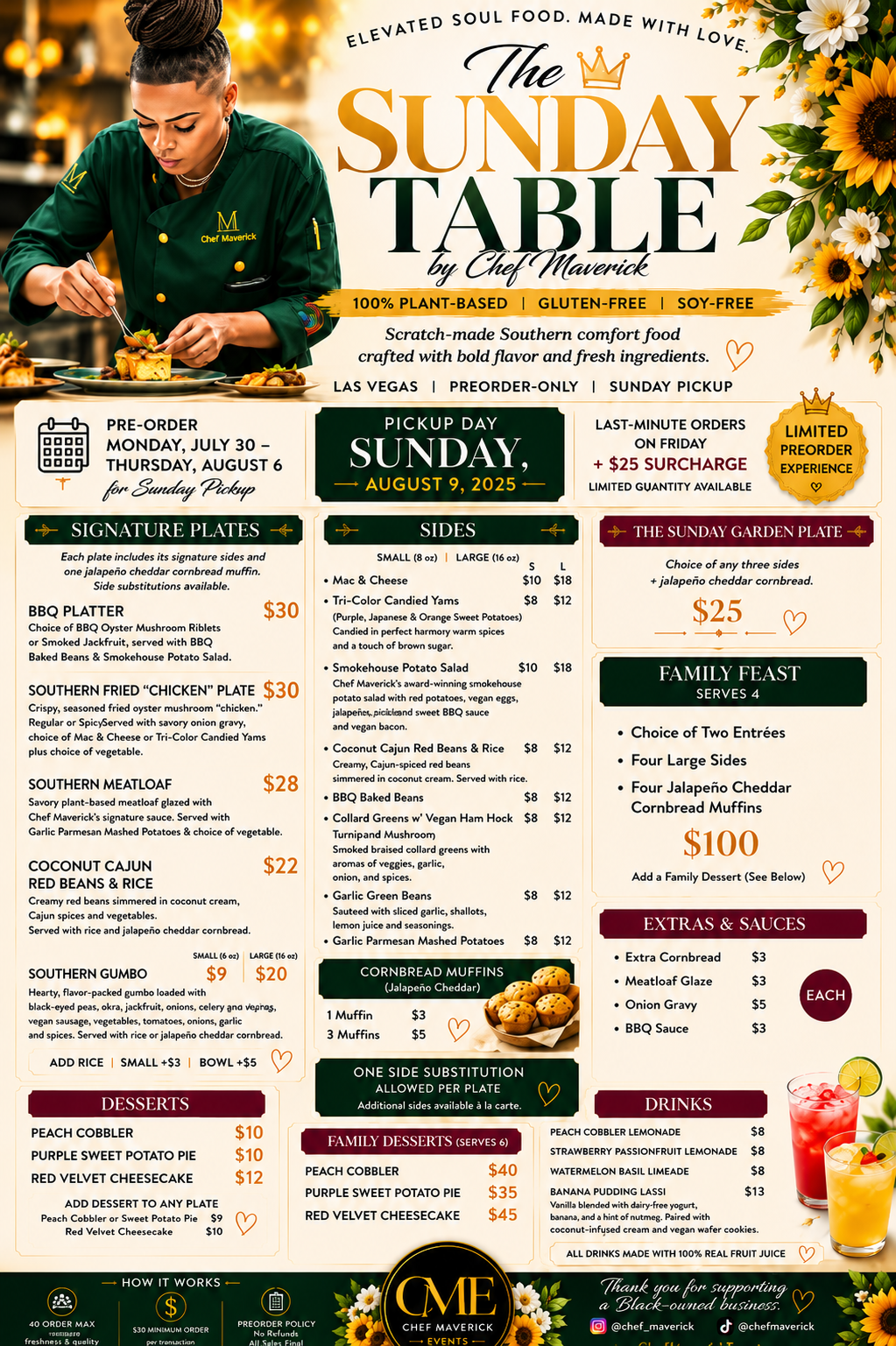 Event menu for Las Vegas vegan soul food event.