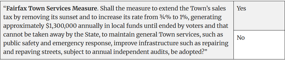 A table with a proposal called 'Fairfax Town Services Measure' outlining the extension of the Town's sales tax and its impact on local funds. The table has two questions with responses 'Yes' and 'No'.