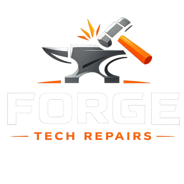 Logo for Forge Tech Repairs featuring an anvil with a hammer striking sparks, with the text 'FORGE' in large white letters and 'TECH REPAIRS' in smaller orange and red letters below.