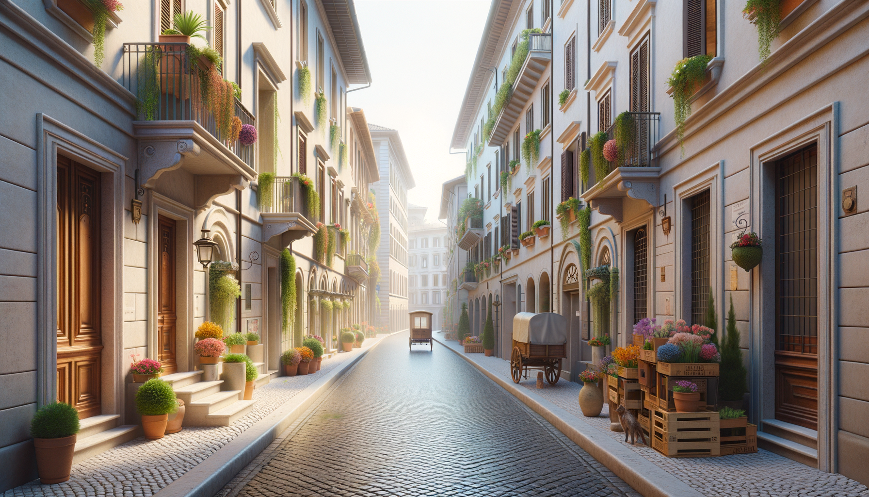 A narrow European-style street with cobblestone pavement, lined with elegant buildings decorated with potted plants and flowers. A street cart and a small animal are present, illuminated by soft sunlight.