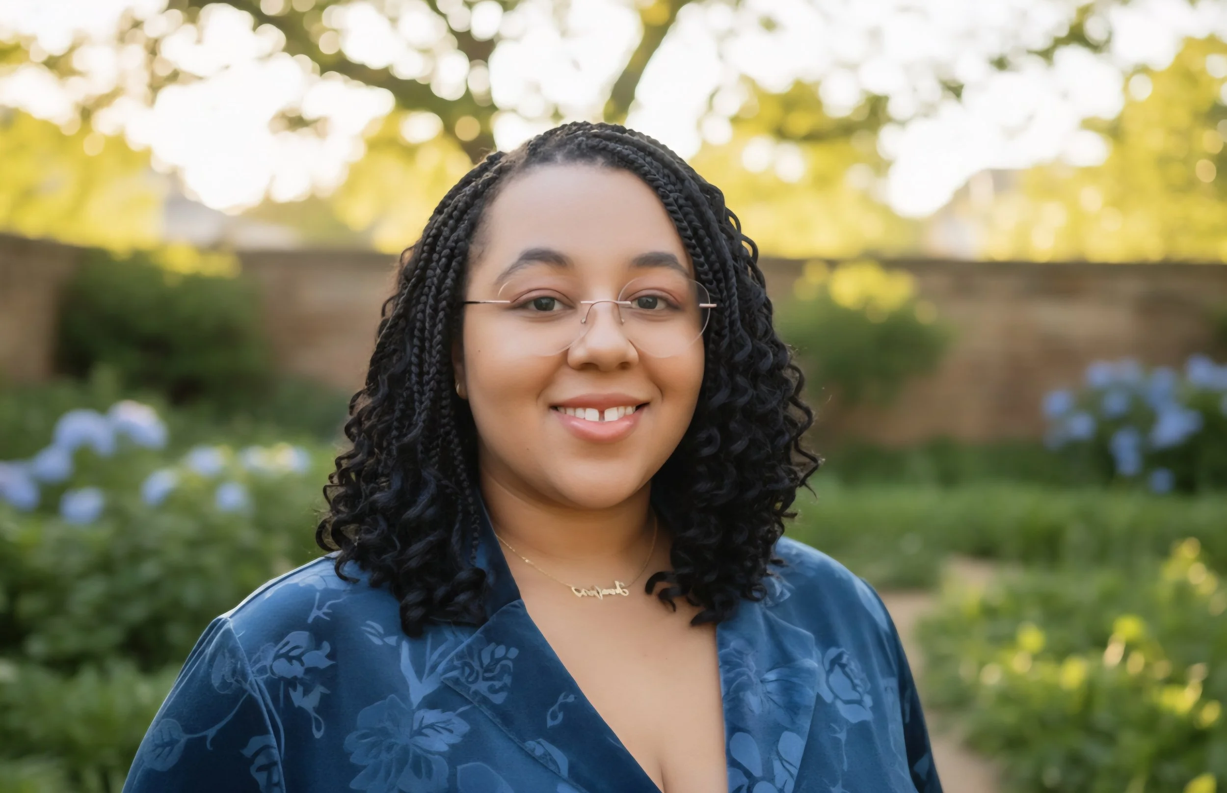 A smiling woman with glasses and curly black hair standing outdoors in a garden with trees and flowers, wearing a blue patterned shirt and a gold necklace.