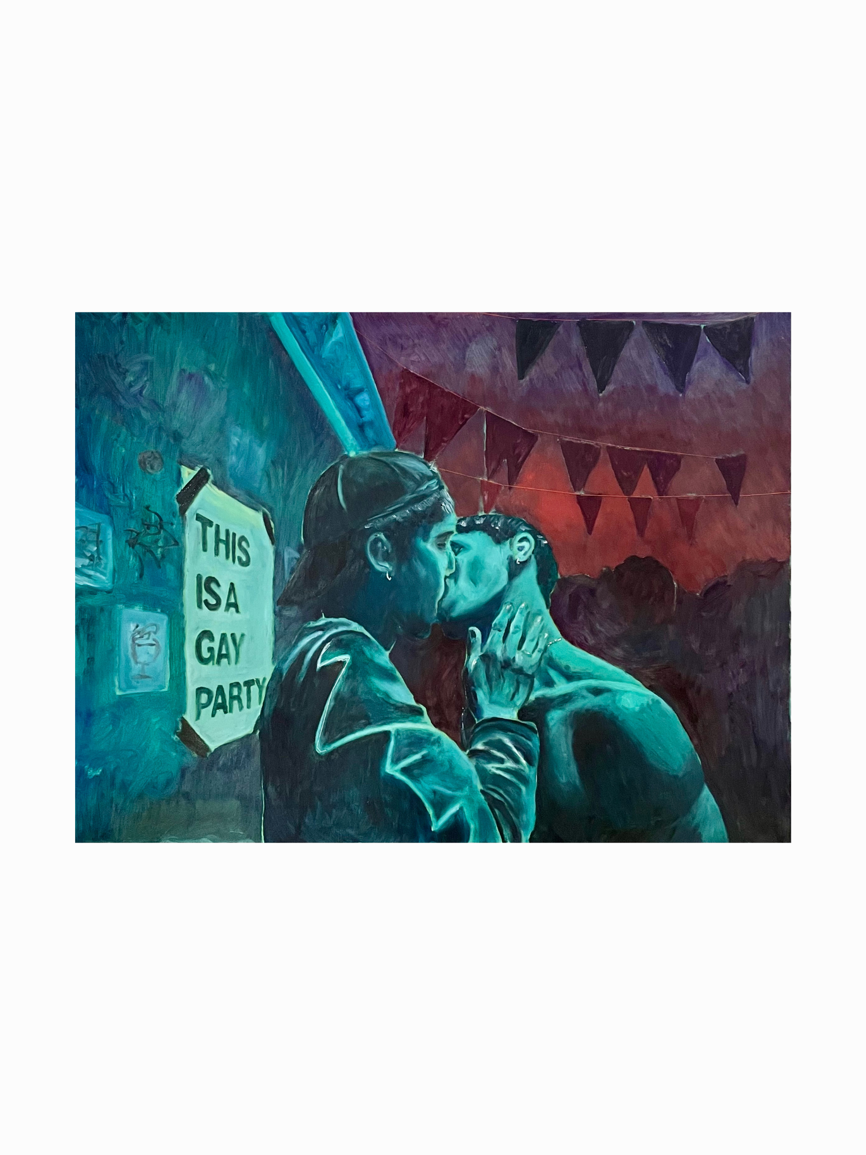 A painting of two people kissing at a lively event with bunting, a sign that reads "This is a gay party," and colorful lighting.