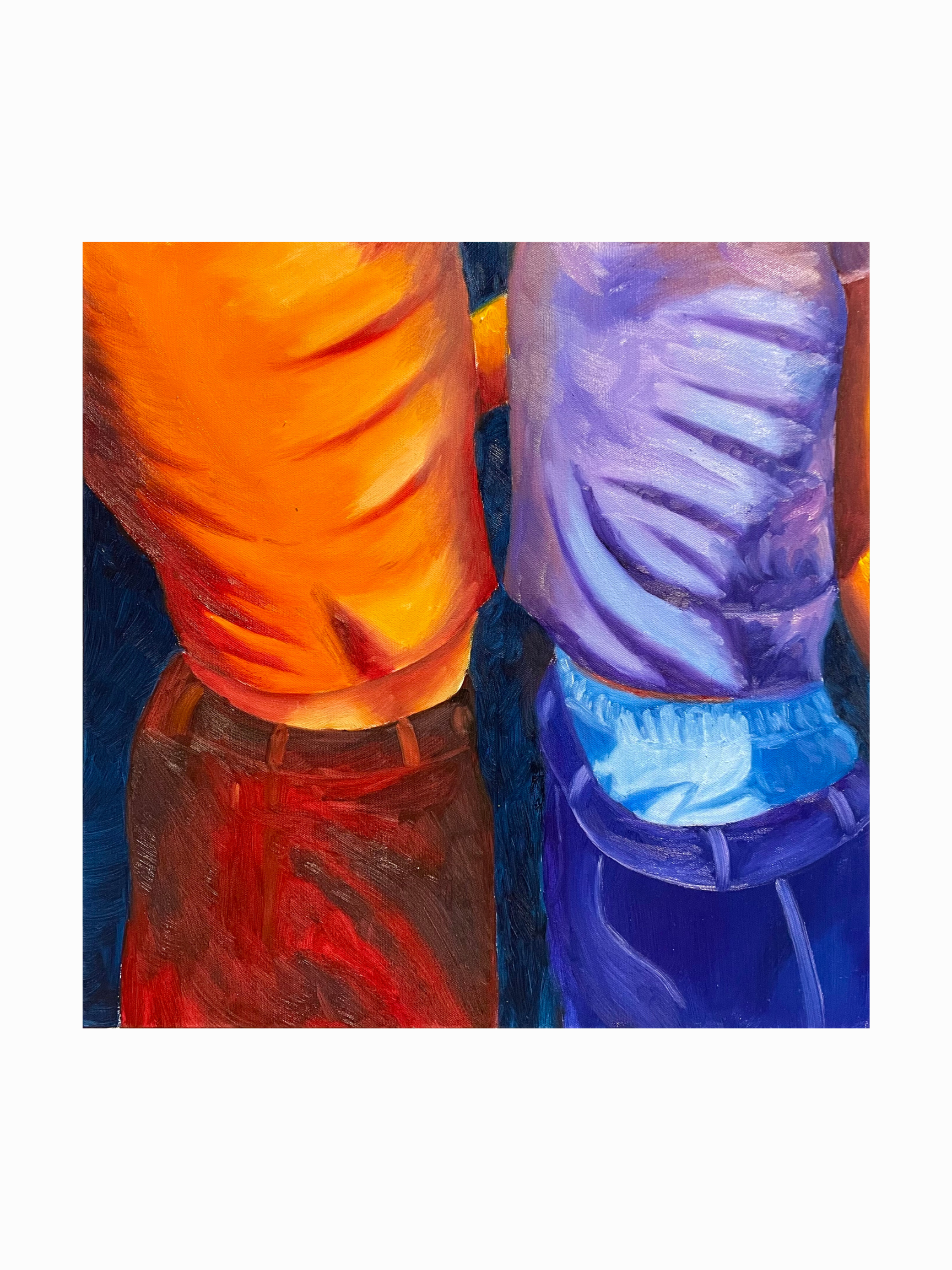 Close-up of a colorful abstract painting featuring vibrant orange and purple areas with bold brushstrokes.