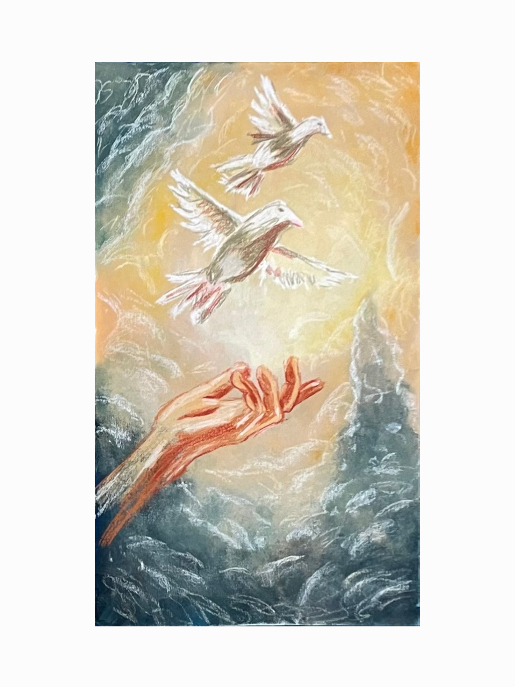 A watercolor painting of two white birds flying above a hand reaching out towards them, with swirling water or sky in the background.