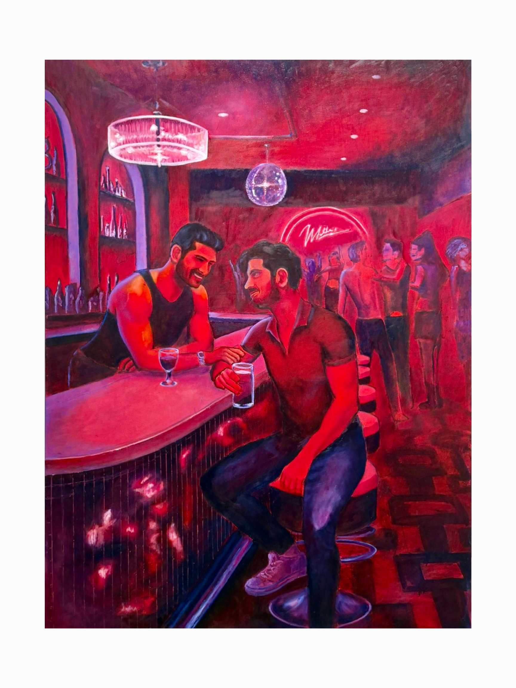 A painting of a nightclub scene with two men sitting at the bar, one singing and smiling, the other listening. There are women dancing and socializing in the background, with neon signs and disco balls creating a lively atmosphere. The overall color scheme is red and purple.
