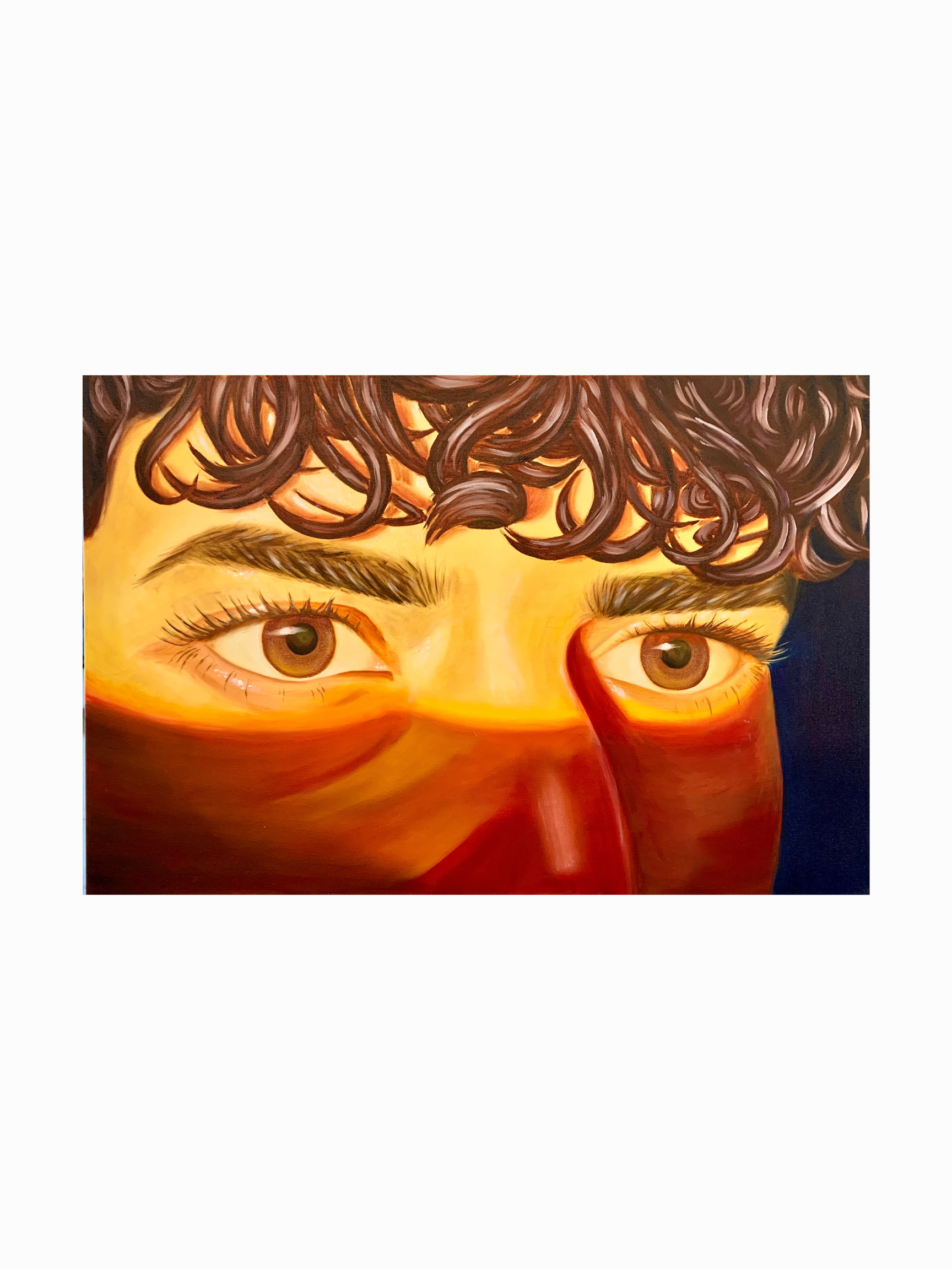 A painting of a person's face focusing on the eyes, eyebrows, and curly hair with warm tones and detailed features.